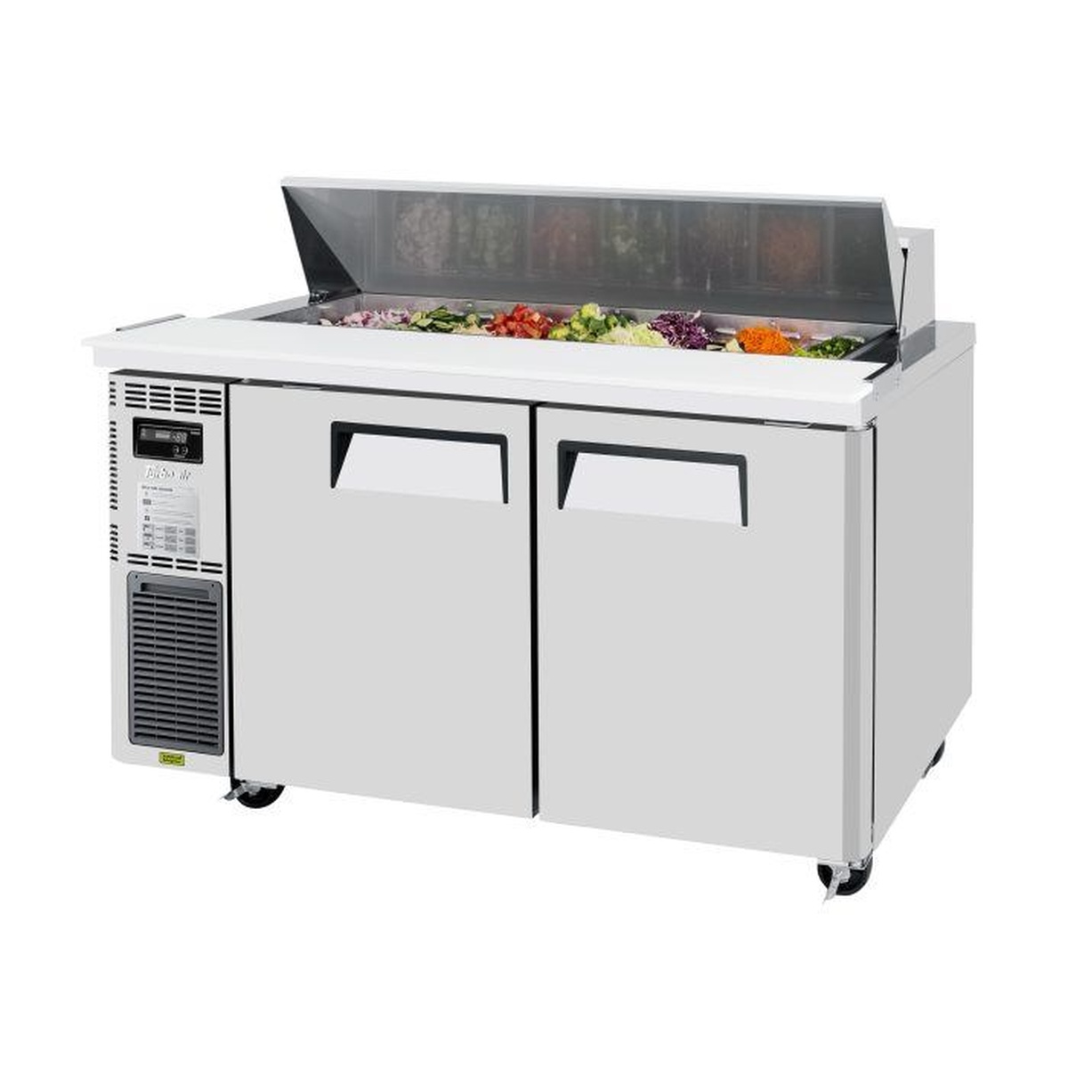 Turbo Air JST-60-N 60-inch two-door sandwich and salad prep table with open top pan rail loaded with fresh ingredients
