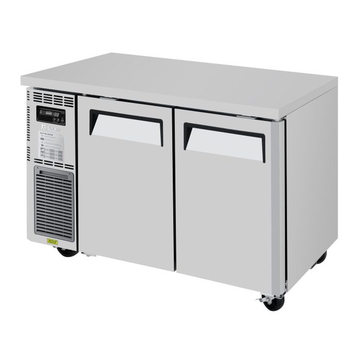 Turbo Air JUF-48S-N two-door narrow undercounter freezer with side-mounted compressor, digital display, and swivel casters