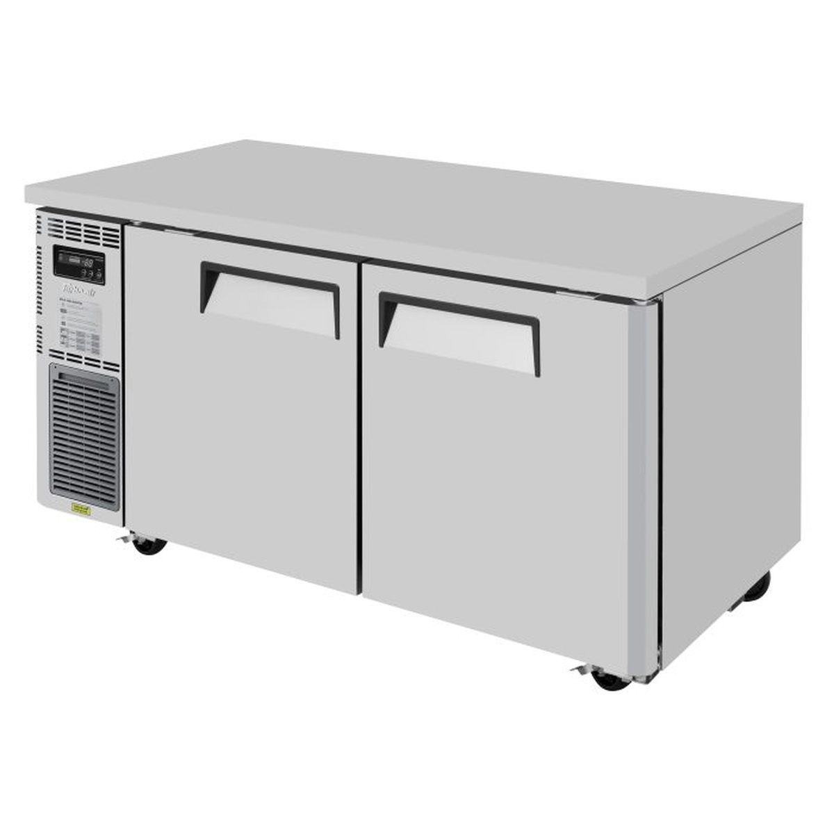 Turbo Air JUF-60-N two-section undercounter freezer with stainless steel doors, side-mounted compressor, digital display, and caster wheels