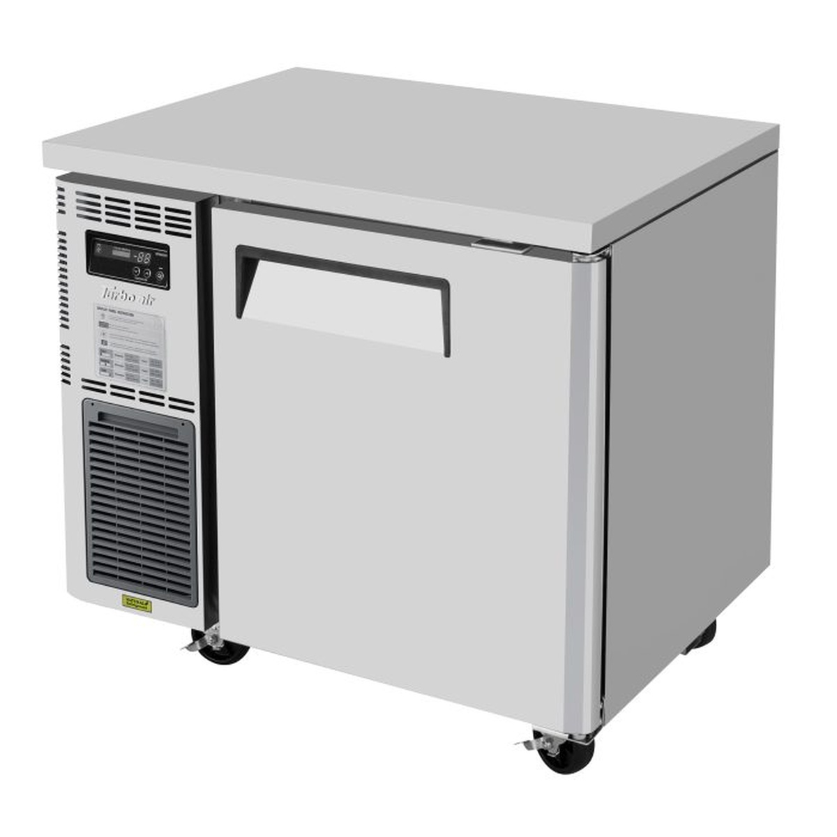 Turbo Air JUR-36-N6 one-section undercounter refrigerator with stainless steel exterior, recessed door handle, side-mounted compressor, and 4-inch swivel casters