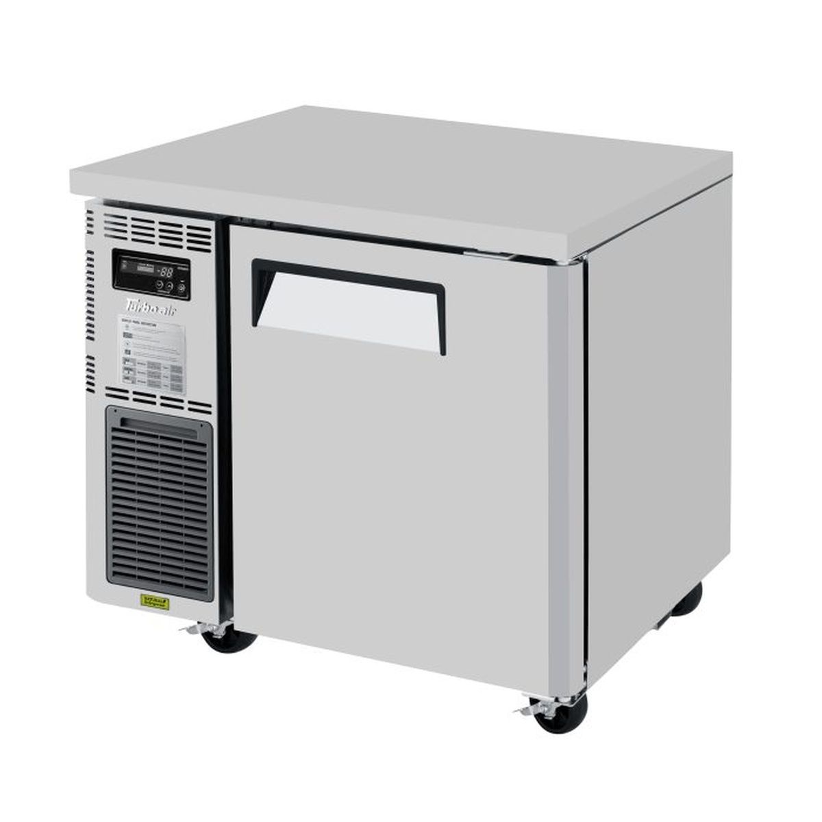 Turbo Air JUR-36S-N6 35-3/8 inch undercounter refrigerator with side-mount compressor, digital display, solid door with recessed handle, and swivel casters