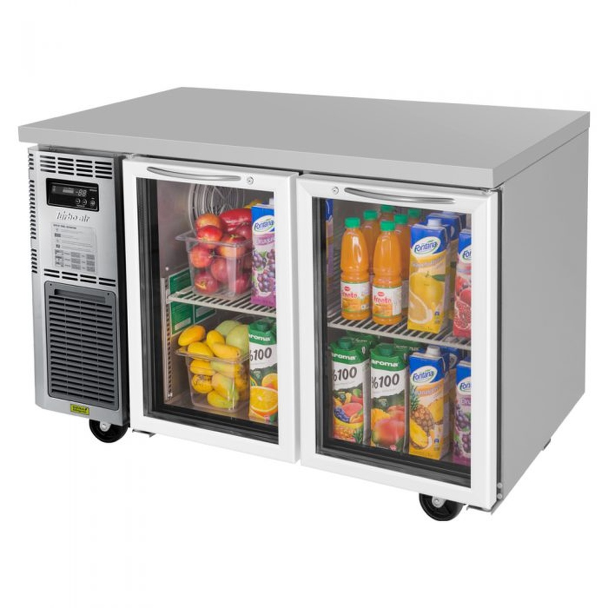 Turbo Air JUR-48-G-N two-section undercounter refrigerator with two glass doors open, showing wire shelves stocked with fresh produce and juice bottles, side-mount compressor visible on left