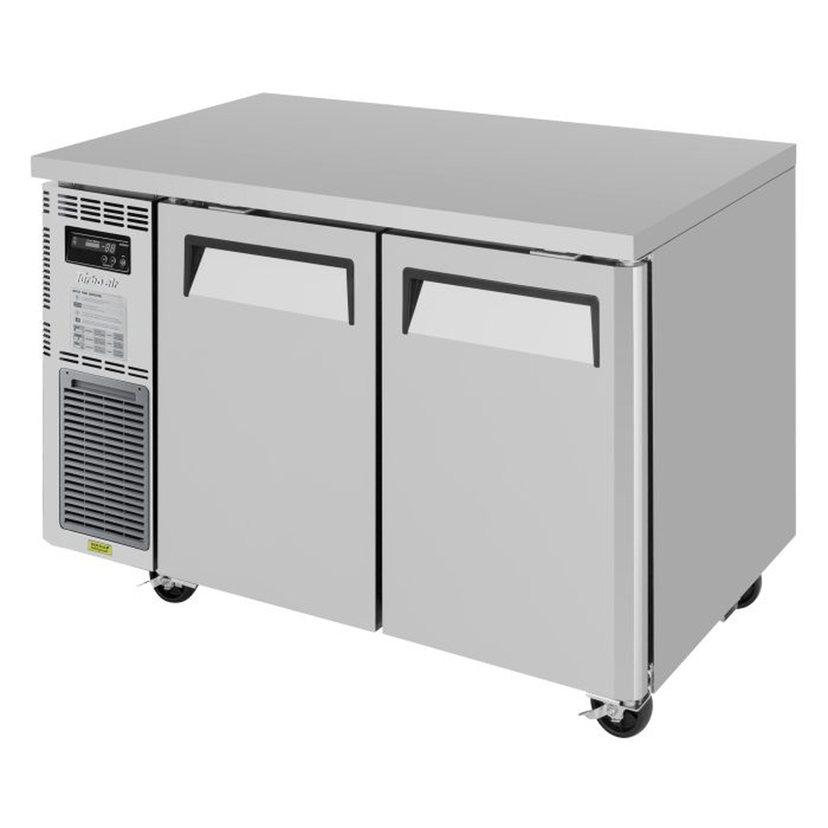 Turbo Air JUR-48-N6 two-section undercounter refrigerator with stainless steel exterior, recessed handles, digital display, and side-mount compressor on casters