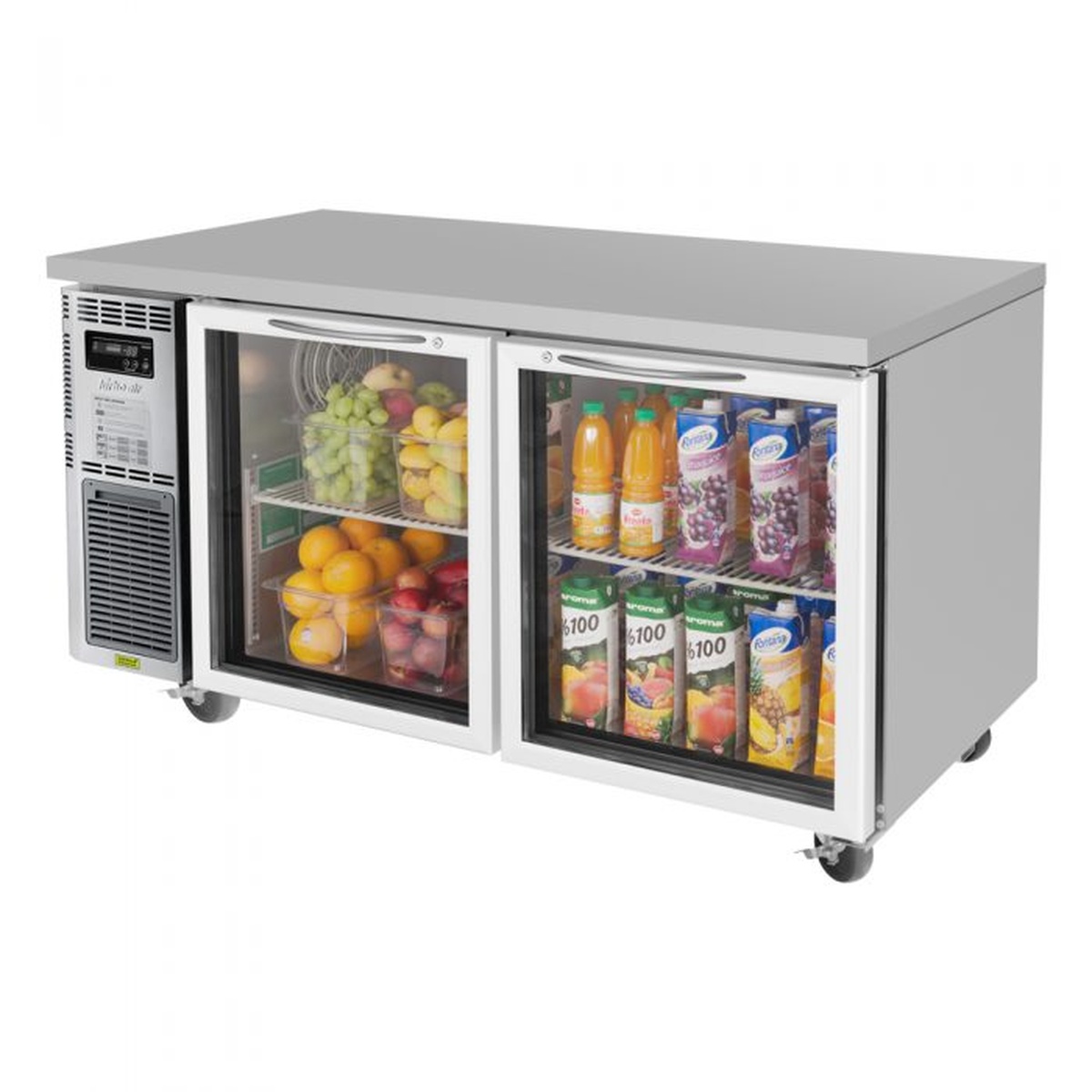 Turbo Air JUR-60-G-N two-section glass door undercounter refrigerator with open doors showing wire shelves stocked with fresh produce and beverages