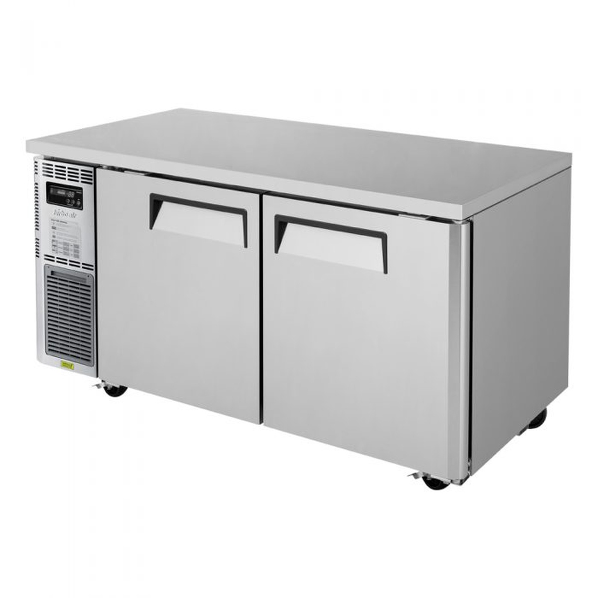 Turbo Air JUR-60-N6 two-section stainless steel undercounter refrigerator with side-mount compressor and swivel casters