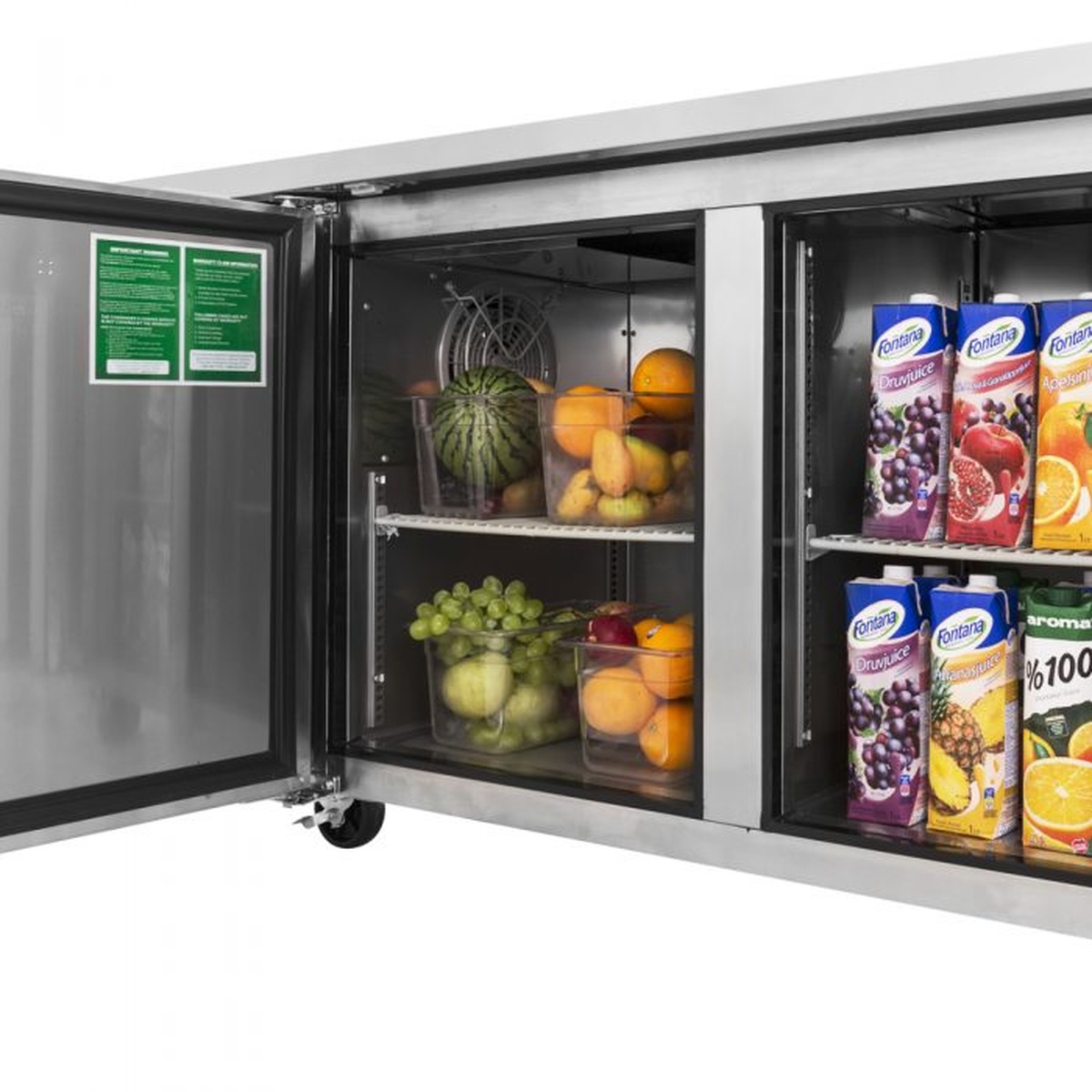 Open Turbo Air JUR-60S-N6 undercounter refrigerator showing two-section interior and shelving