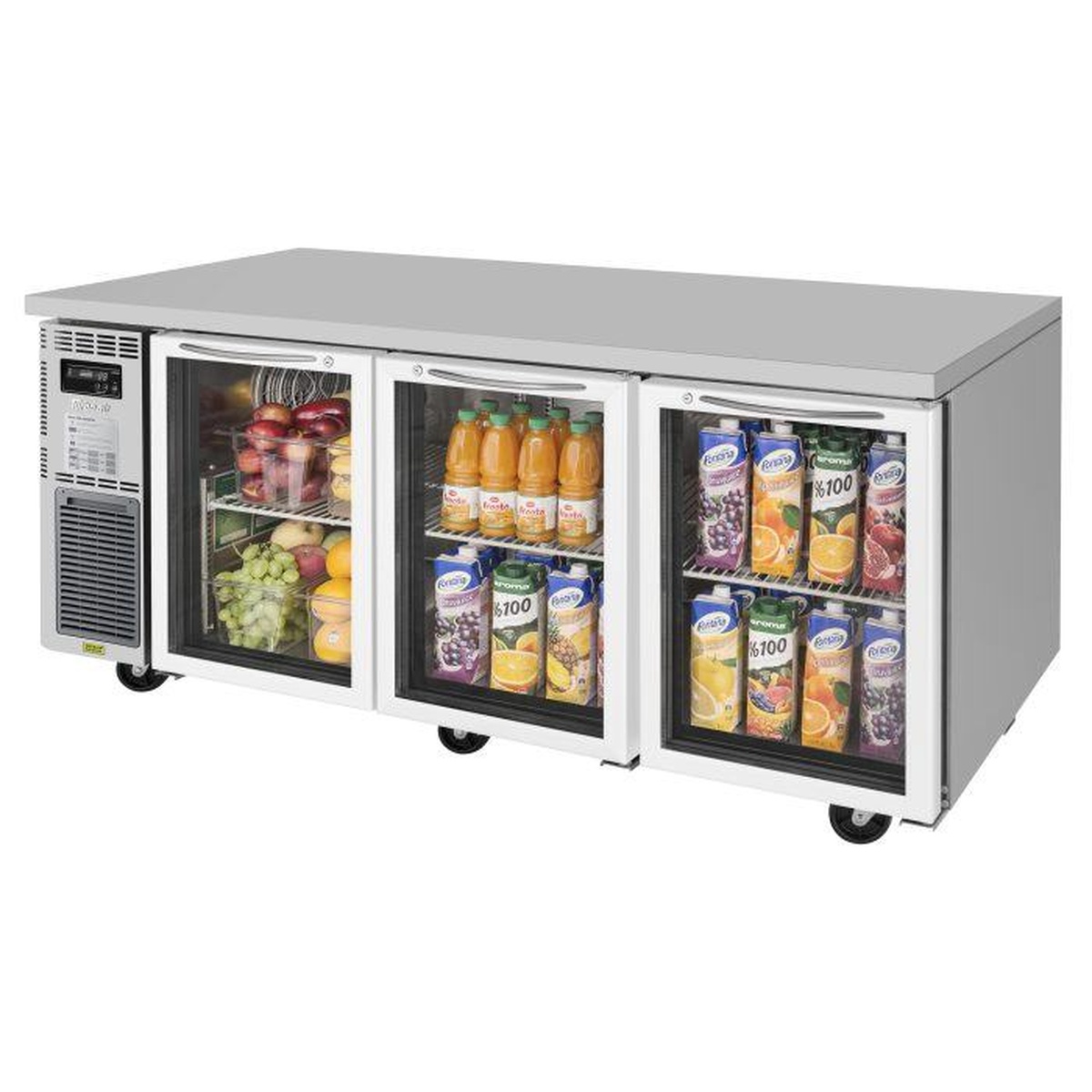 Turbo Air JUR-72-G-N three-section glass door undercounter refrigerator stocked with beverages and produce on wire shelves