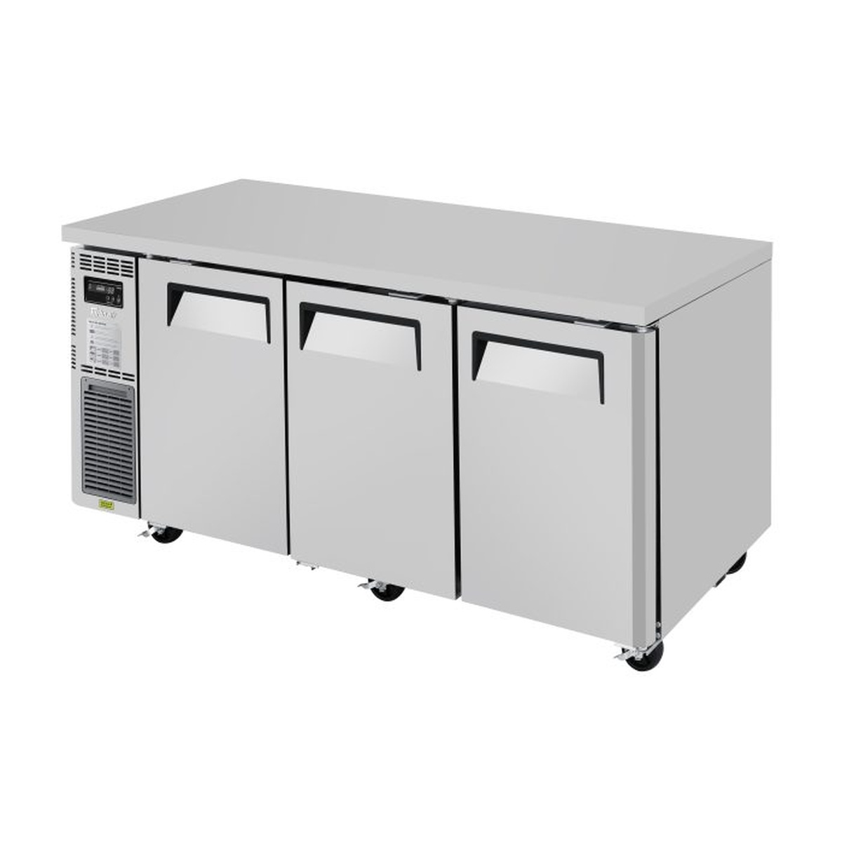 Turbo Air JUR-72S-N6 three-door stainless steel undercounter refrigerator with side-mount compressor on casters