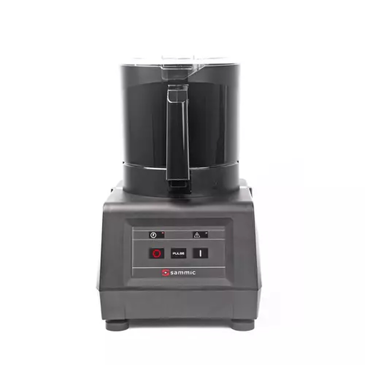 Sammic K-41 food processor with black bowl and control panel featuring on/off and pulse buttons