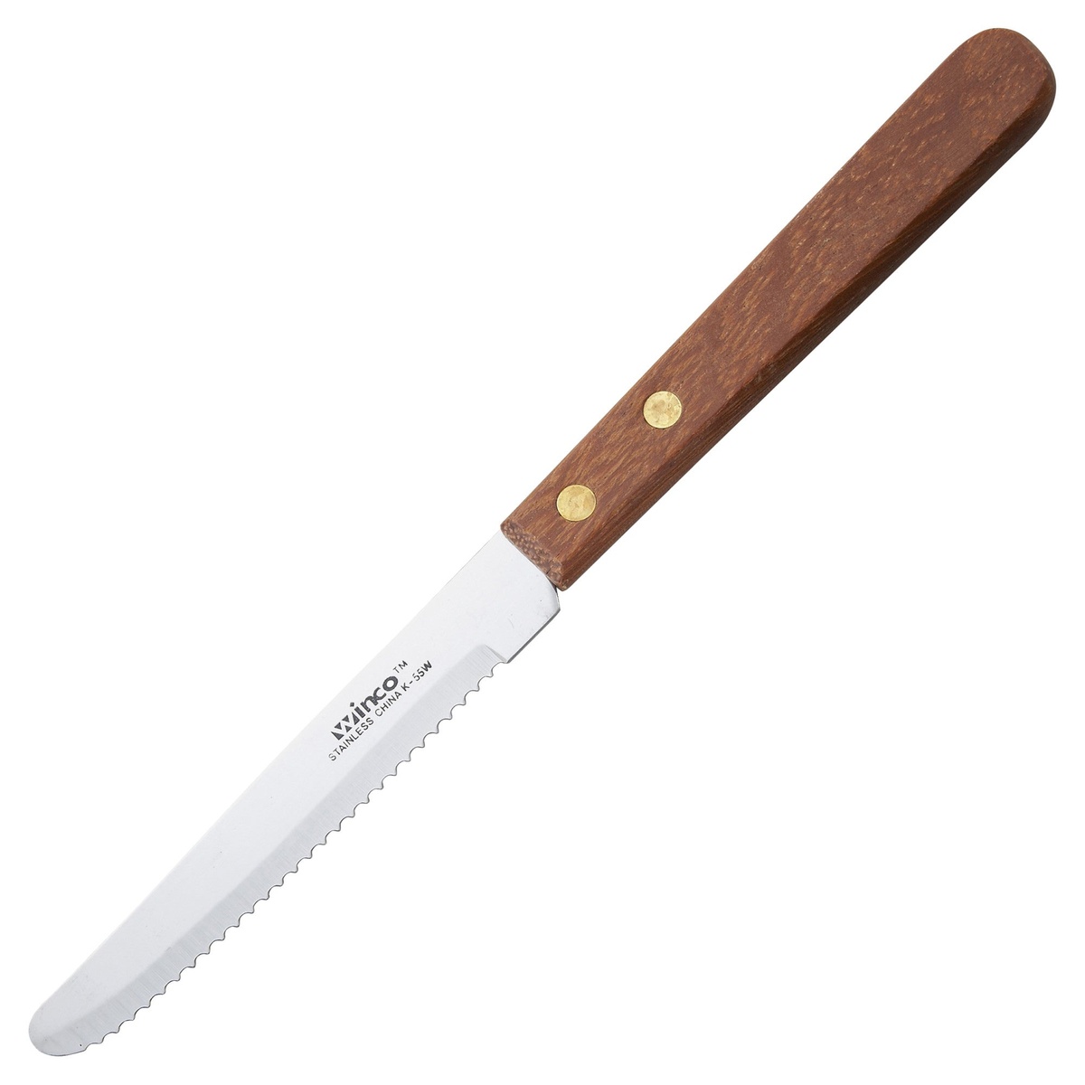 Winco K-55W steak knife with serrated stainless steel blade and brown wooden handle with brass rivets