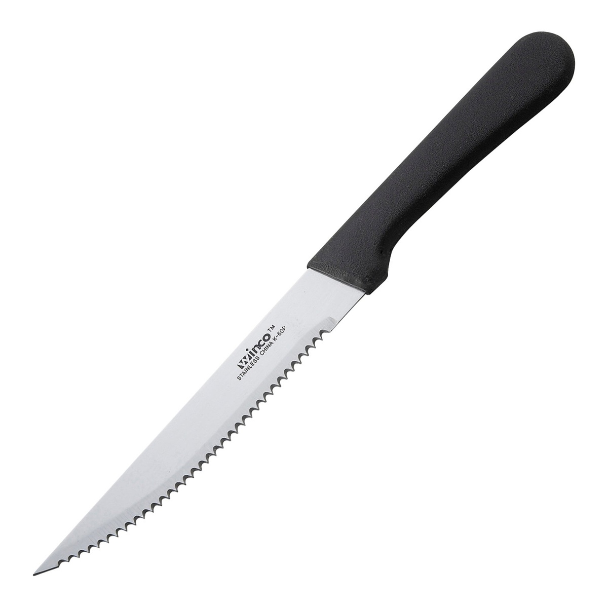 Winco K-60P steak knife with serrated stainless steel blade and black polypropylene handle
