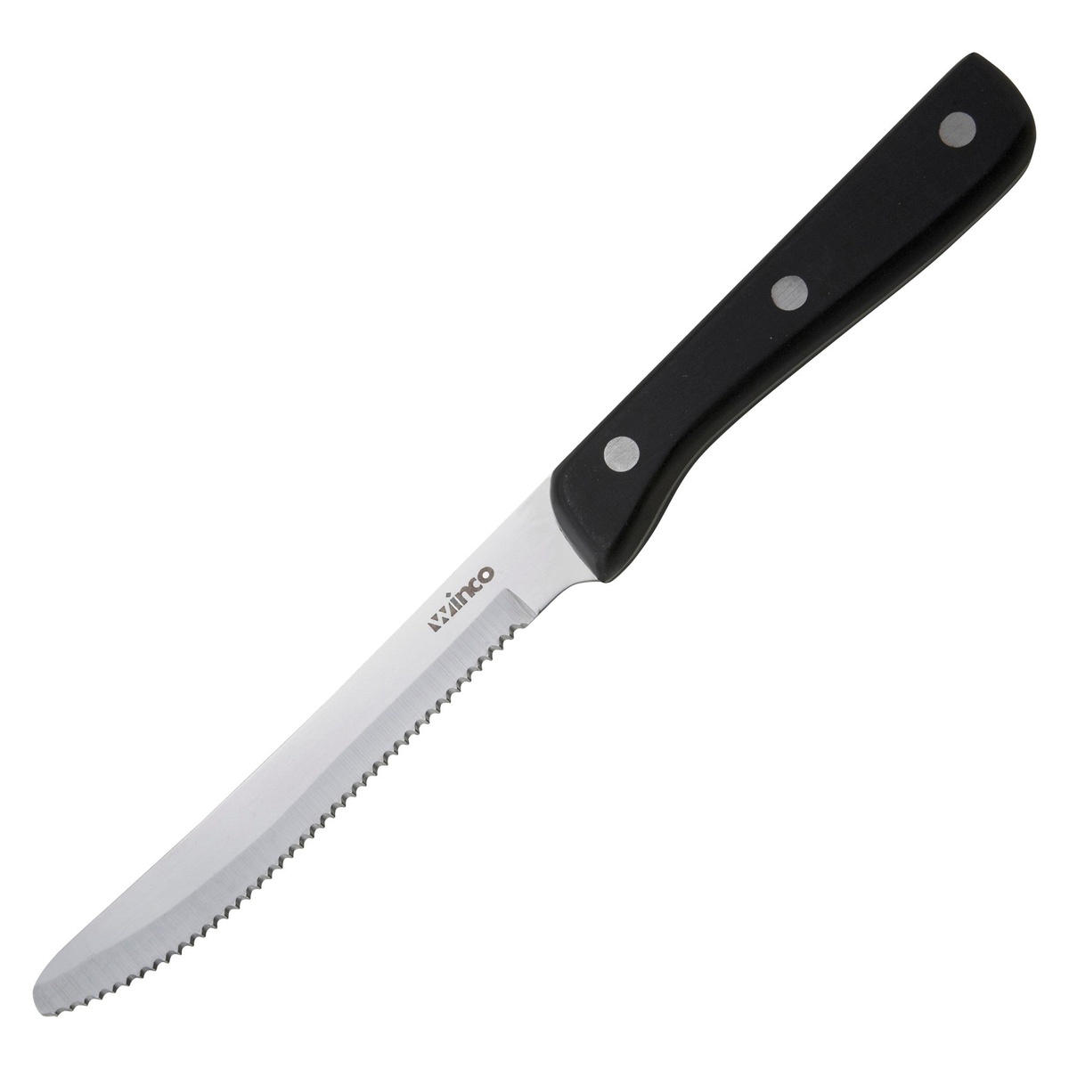 Winco K-80P steak knife with black triple-riveted POM handle and 5-inch serrated stainless steel blade with round tip