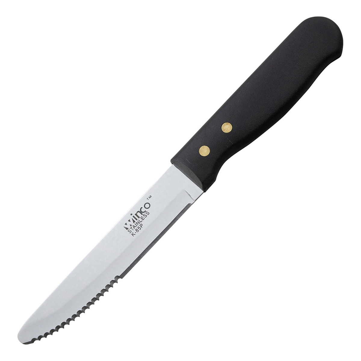 Winco K-85P jumbo steak knife with stainless steel serrated blade and black riveted plastic handle
