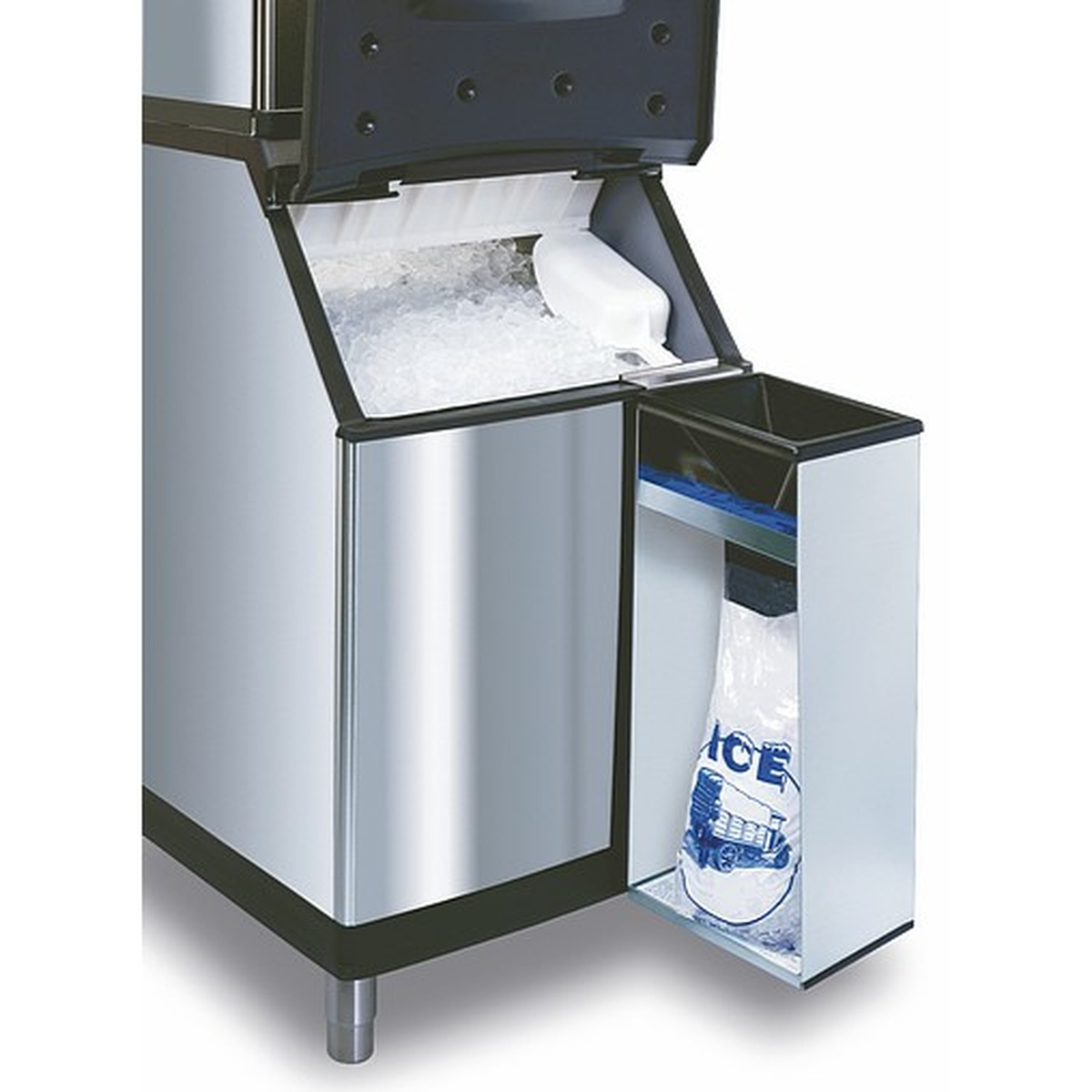 Manitowoc K-00146 Ice Bagger attached to an ice bin with an ice bag being filled