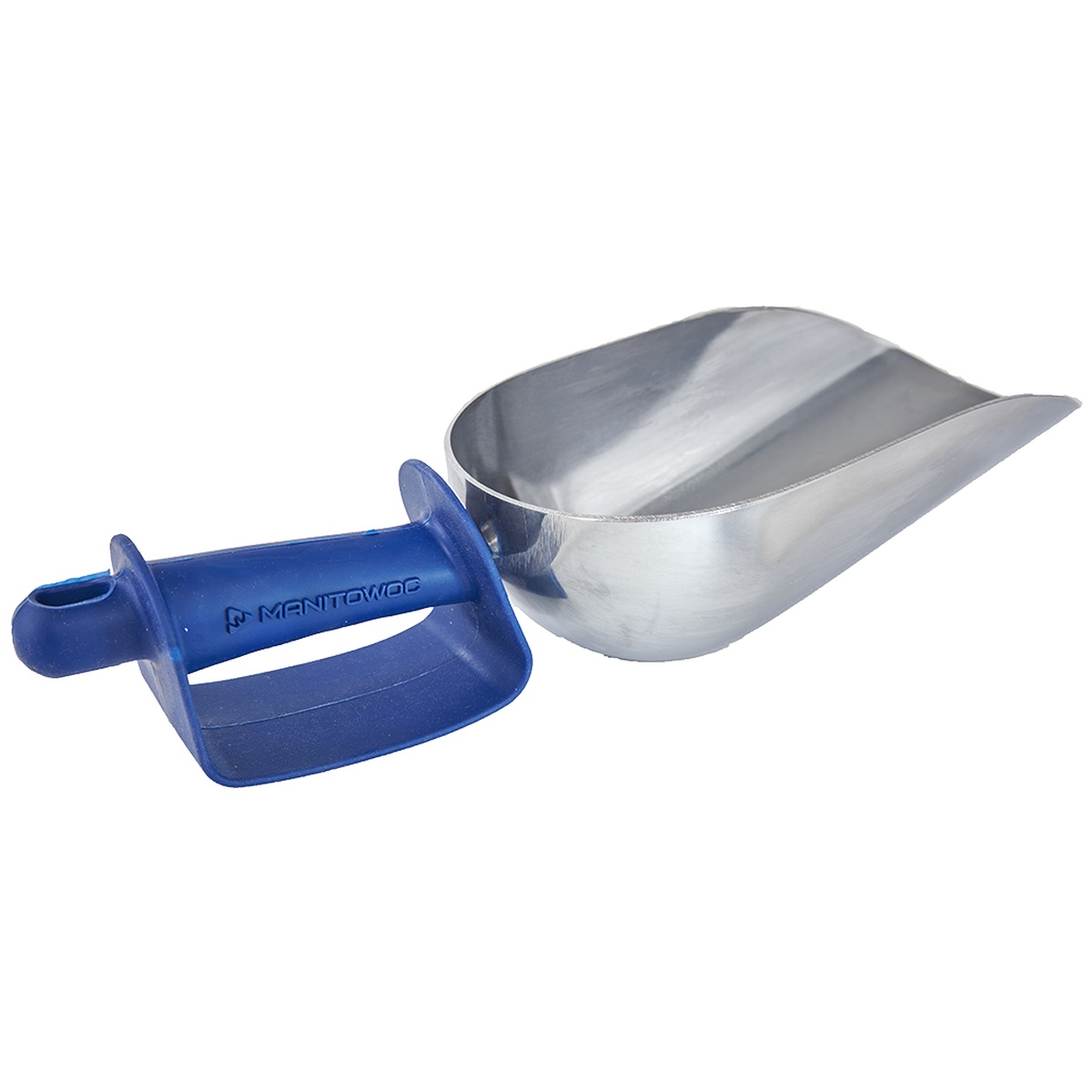 Manitowoc K00463 cast aluminum ice scoop with blue ergonomic knuckle guard handle, shown disassembled on white background