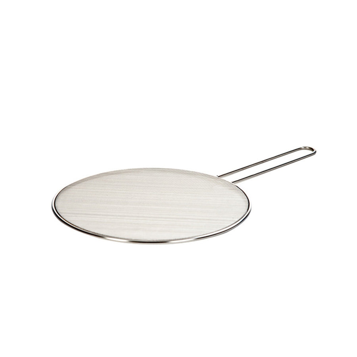 Lodge 11-inch stainless steel splatter screen with wire handle on white background