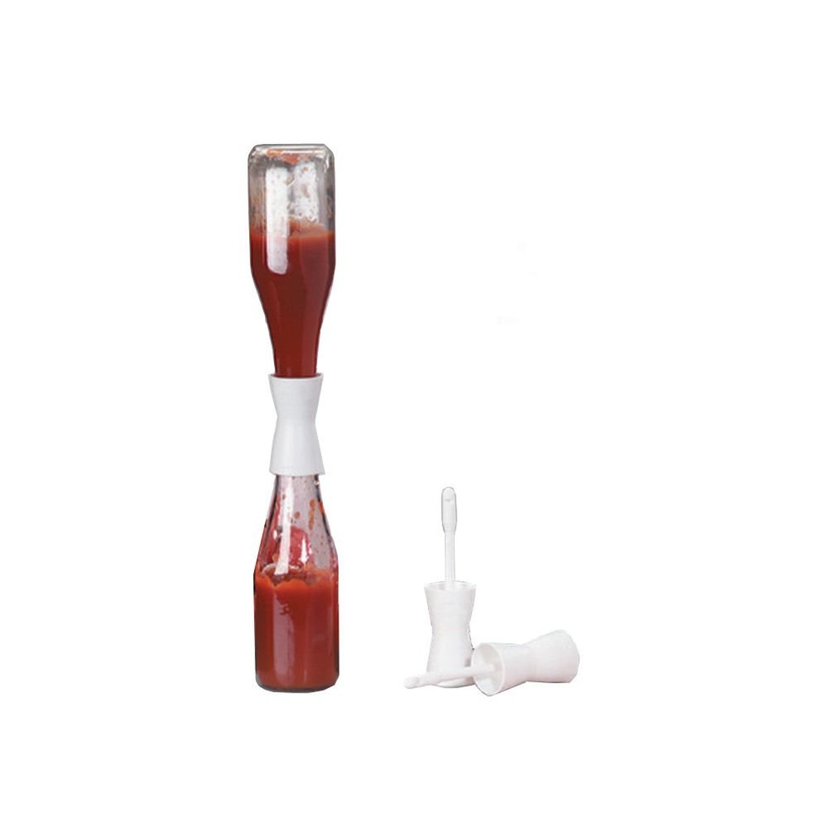 Tablecraft K26 ketchup coupler connecting two ketchup bottles, transferring ketchup without mess, with coupler pieces shown disassembled beside it
