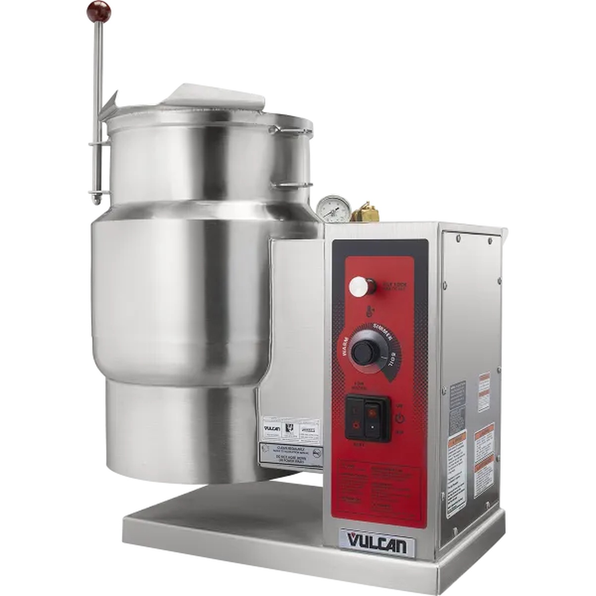Vulcan K6ETT 6-gallon electric tilting countertop kettle with stainless steel body and red control panel, front-side view