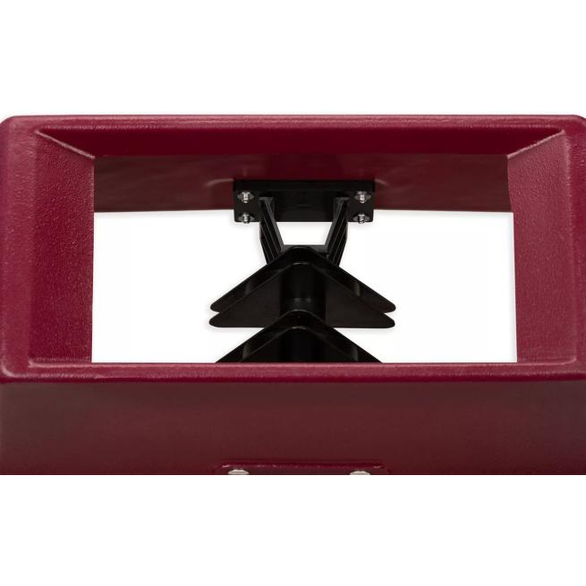 Top-down interior view of KatchAll flatware retriever showing the black magnetic bar assembly mounted inside the burgundy lid