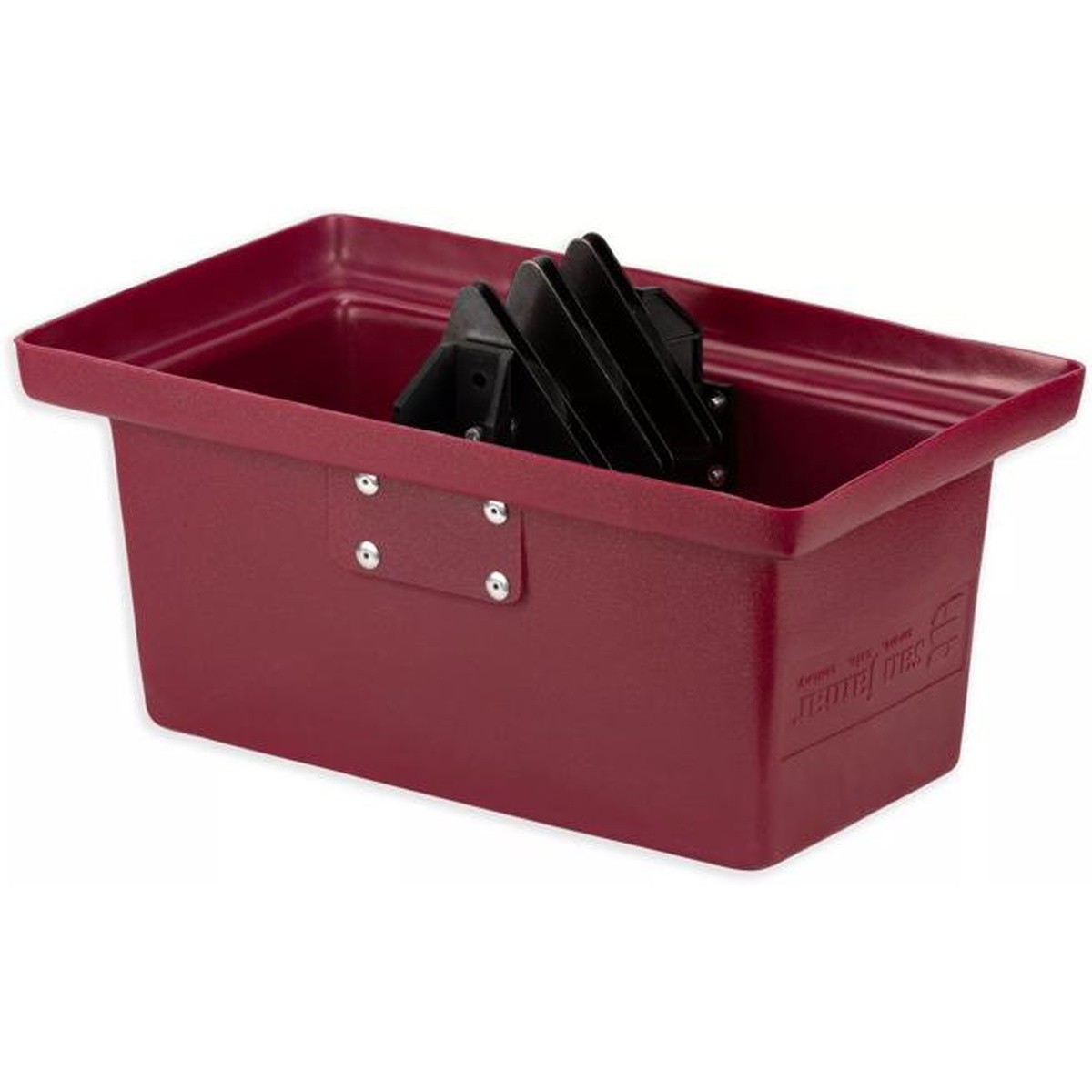 San Jamar KatchAll flatware retriever in burgundy with magnetic mechanism visible inside, angled view