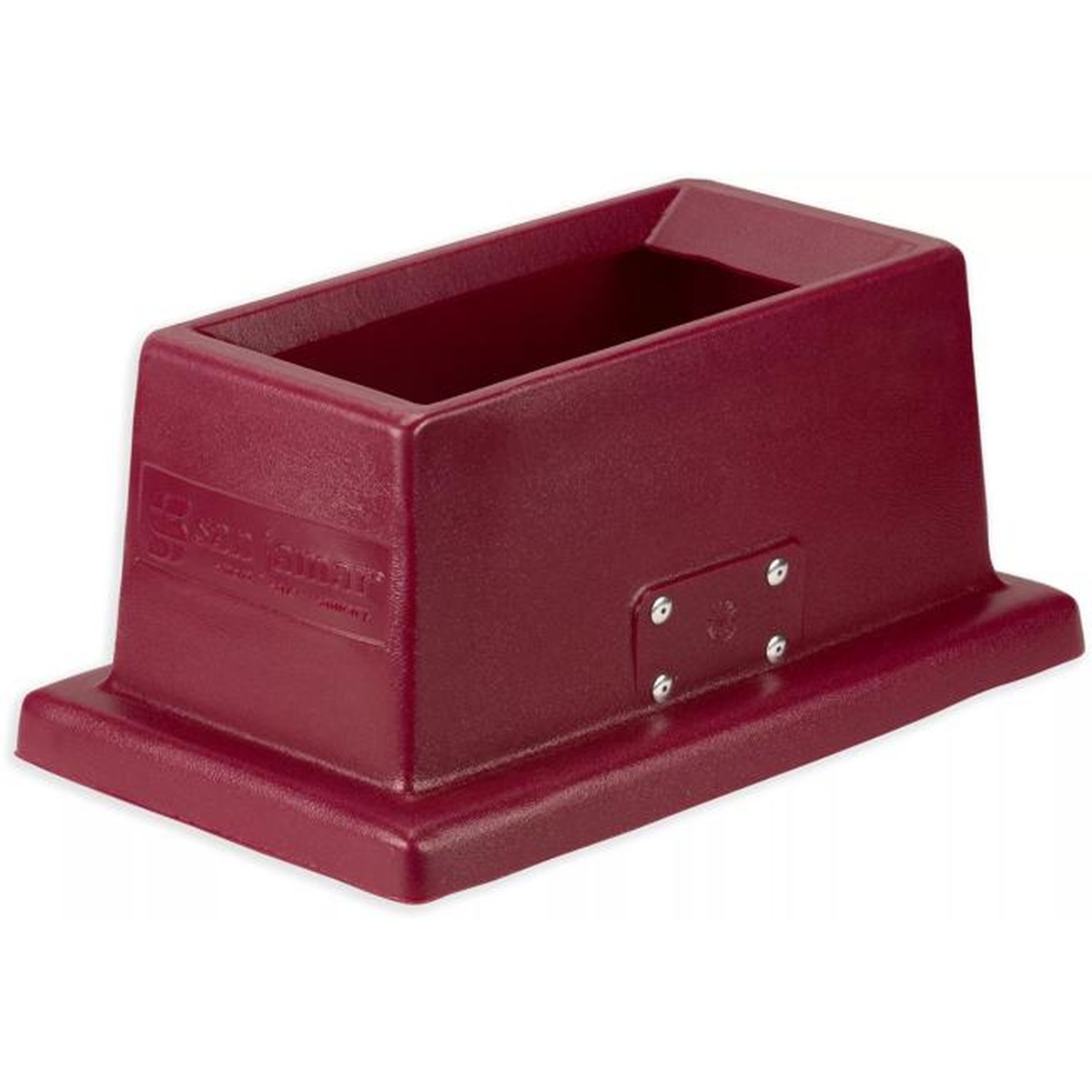Exterior side-angle view of the burgundy KatchAll flatware retriever showing its tapered base and San Jamar branding