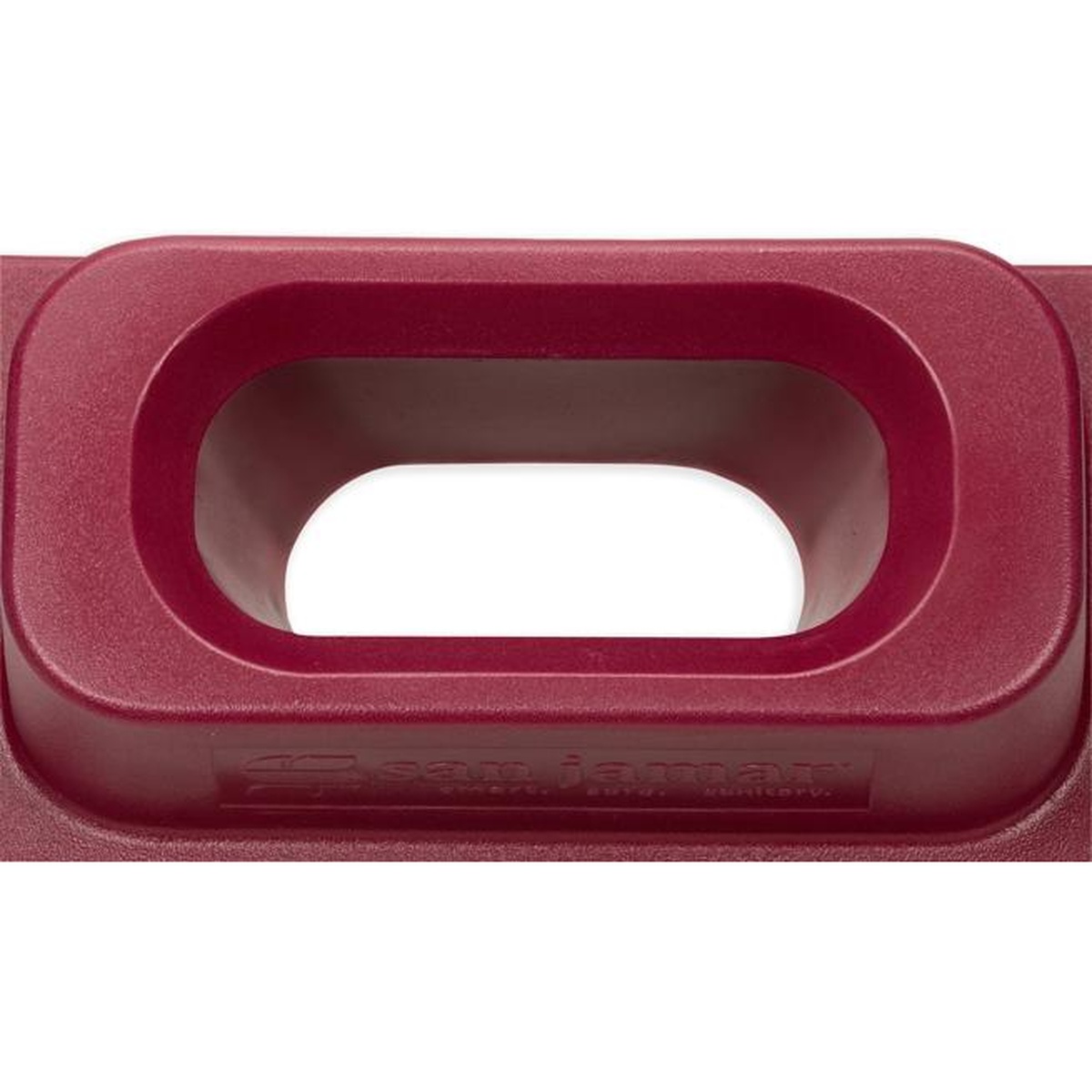 Close-up of the large oval waste opening on the KatchAll KA1951RD burgundy lid