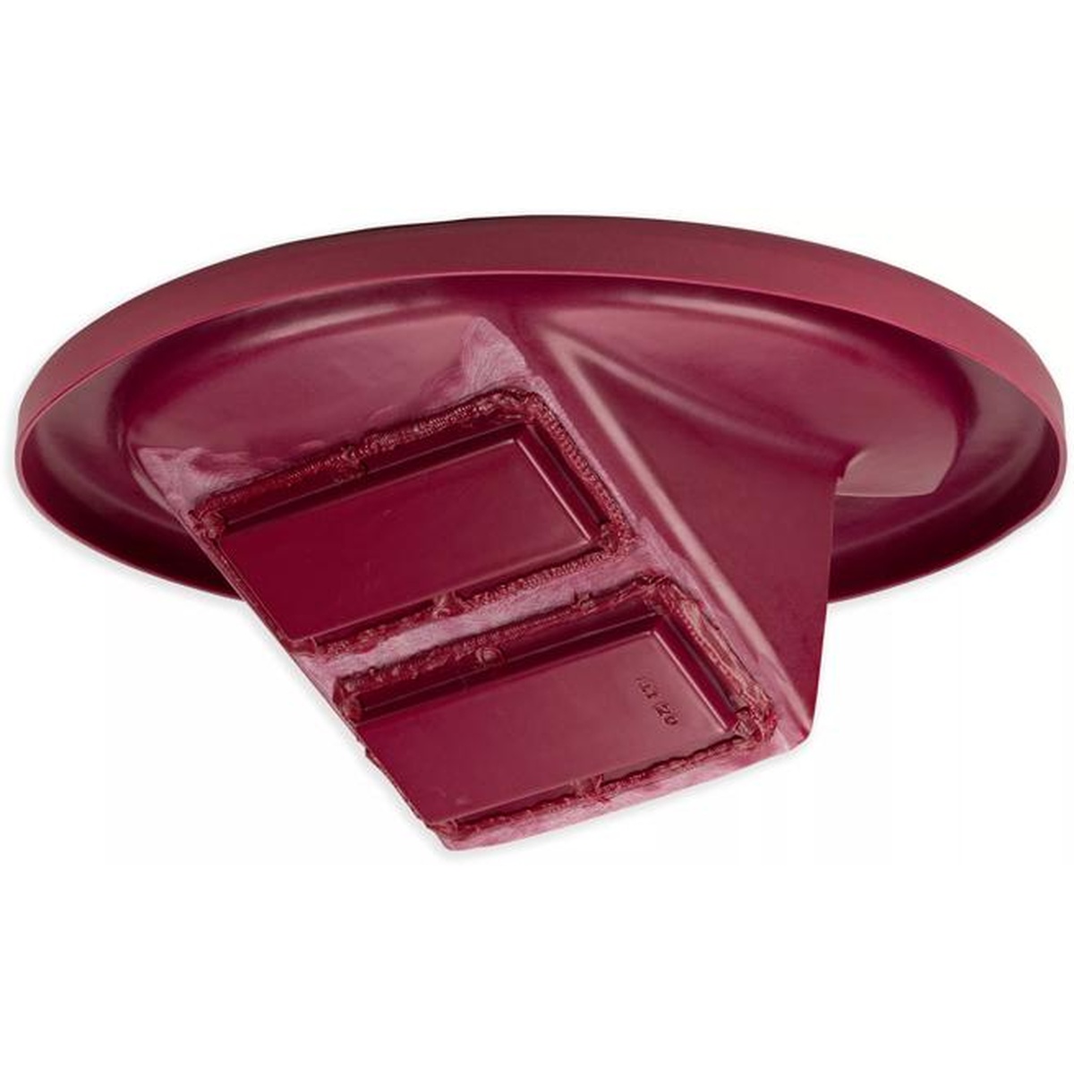 Close-up detail of the underside magnetic bar component of the burgundy KatchAll Flatware Retriever lid showing the dual magnet housing