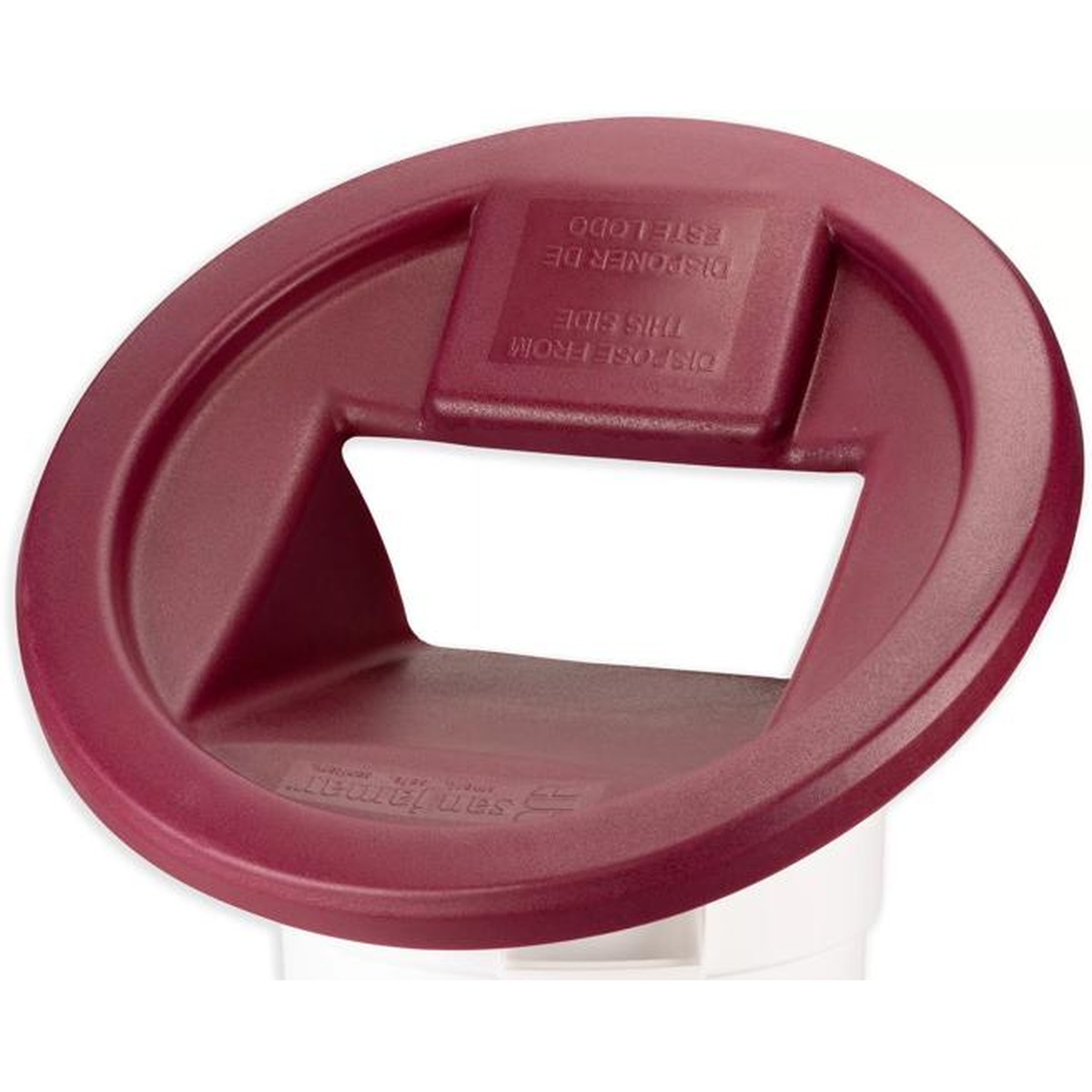 Top-down view of the burgundy KatchAll Flatware Retriever lid showing the bilingual Dispose From This Side label and the wide trash opening