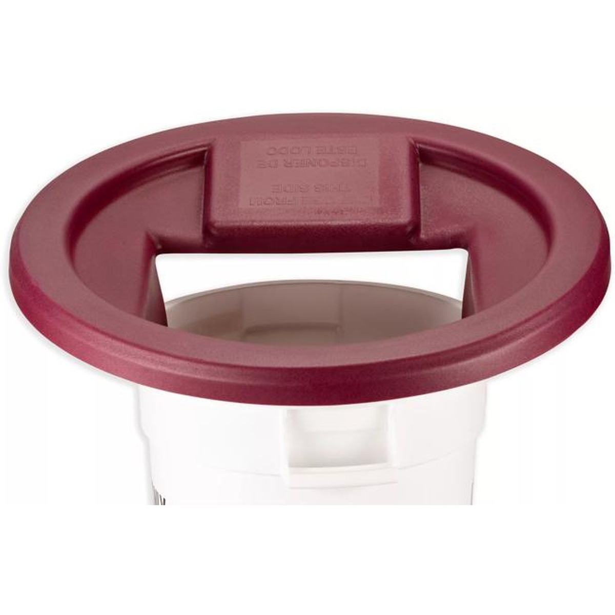 Burgundy KatchAll Flatware Retriever lid seated on a white round trash can, showing the large waste opening and magnetic bar housing