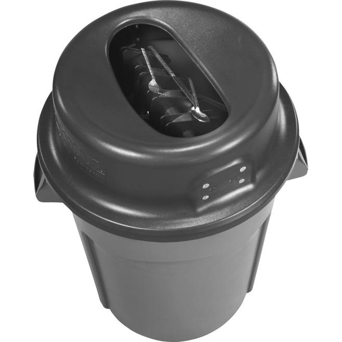 KatchAll flatware retriever lid seated on top of a 44-gallon round trash can with flatware caught by the magnetic bar