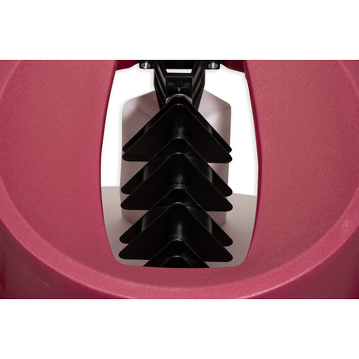 Close-up of KA5500 KatchAll magnetic flatware retriever lid opening with black magnetic bar fins on a burgundy 55-gallon trash can