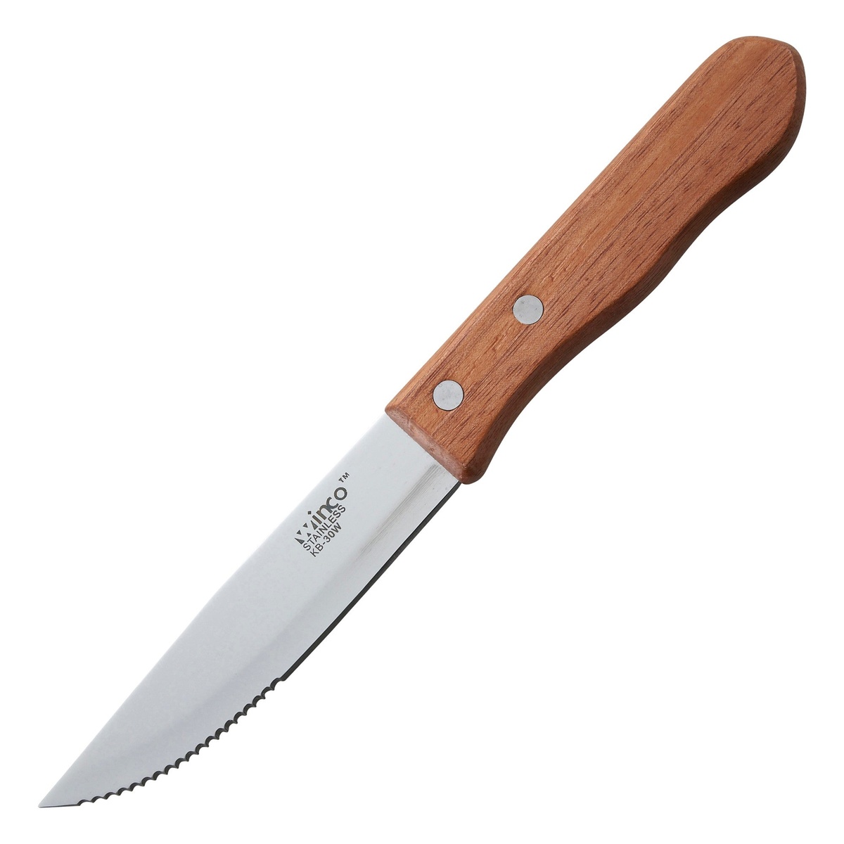 Winco KB-30W jumbo steak knife with serrated stainless steel blade and oak wood handle