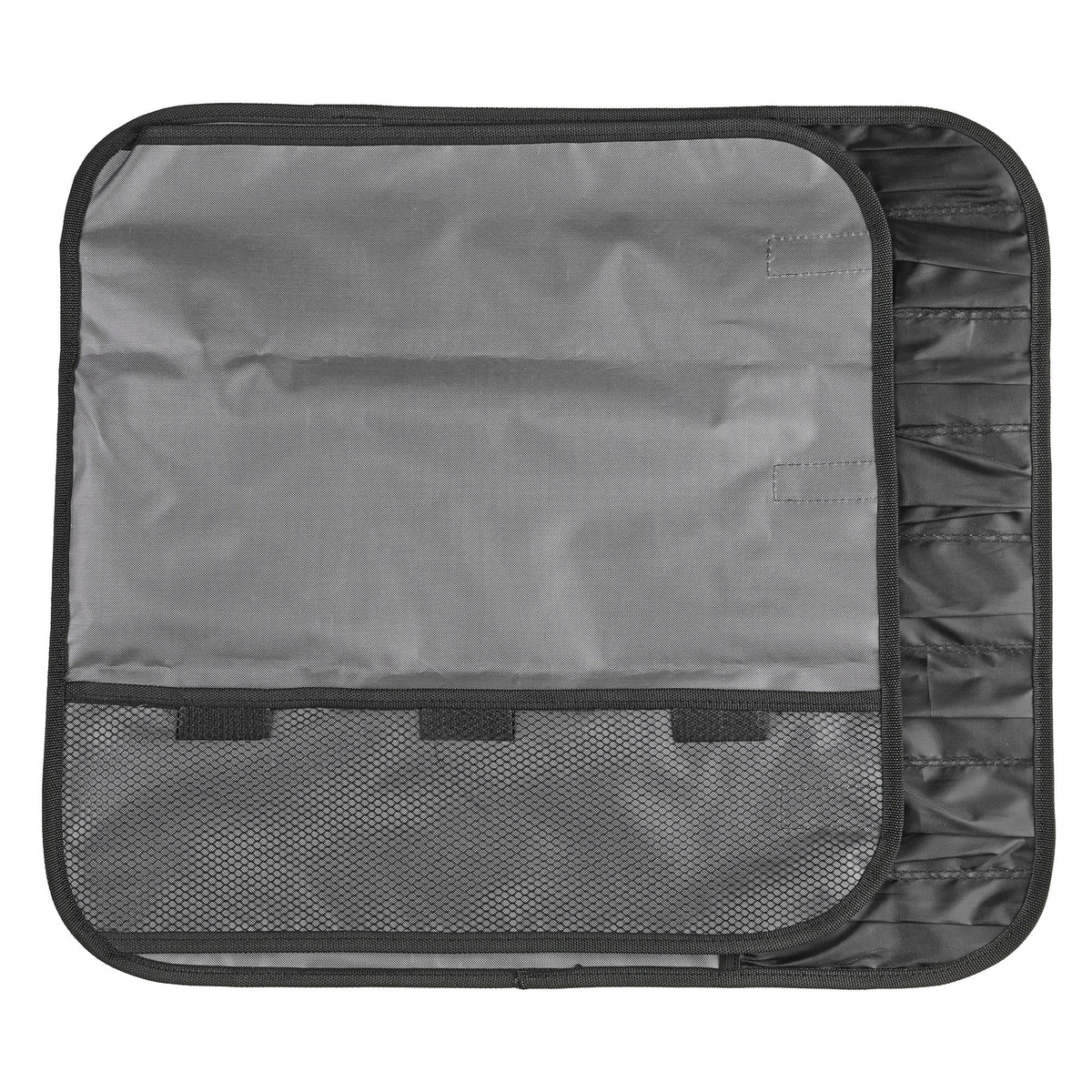 Open Winco knife roll showing interior slots and mesh pocket