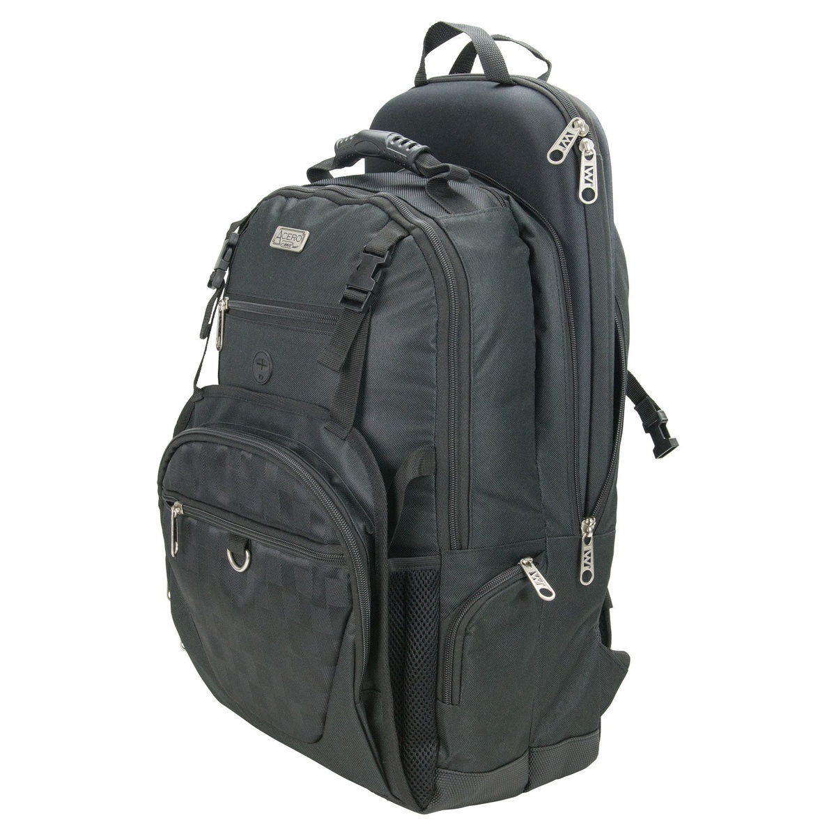 Winco KBP-S Acero black polyester chef backpack shown with attached KBP-2 hard knife case
