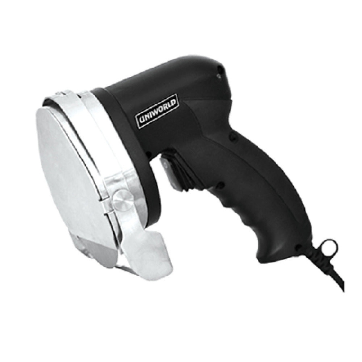 Uniworld KBS-1 electric kebab slicer with black plastic body, stainless steel circular blade and blade guard