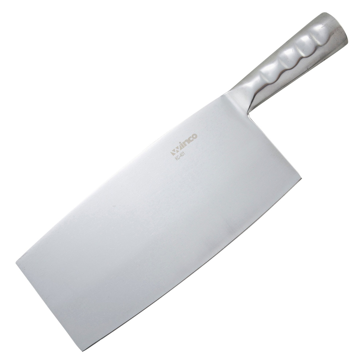 Winco KC-401 Chinese cleaver with stainless steel blade and finger-notched round handle on white background
