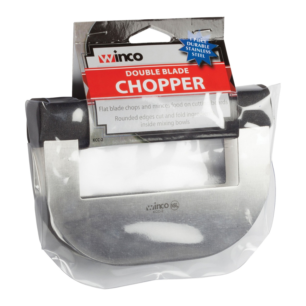 Winco KCC-2 double blade chopper shown in retail packaging with product details on the hang tag