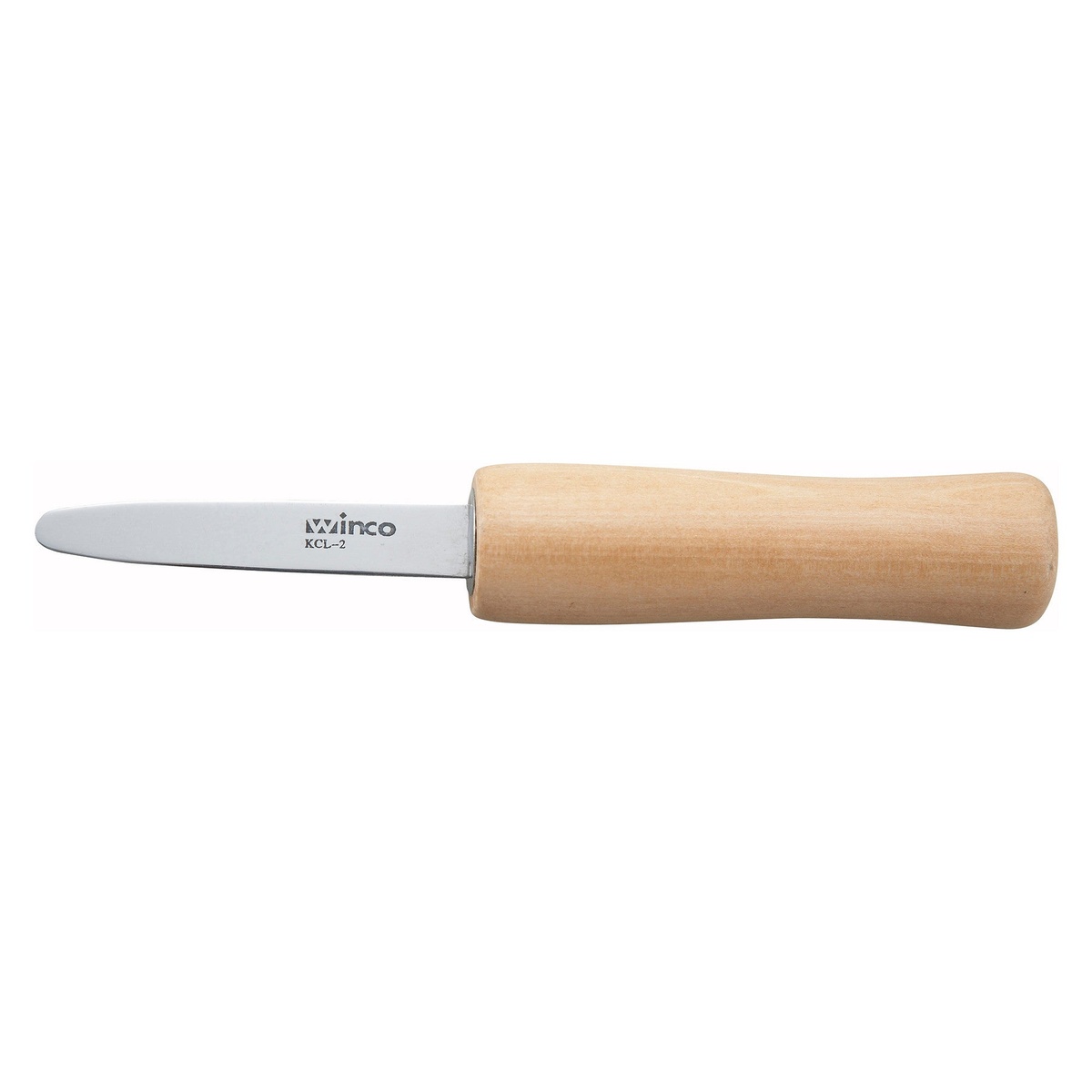 Winco KCL-2 oyster and clam knife with stainless steel blade and natural wooden handle