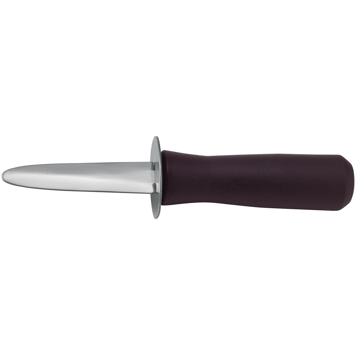 Winco KCL-5P oyster and clam knife with black plastic handle, stainless steel blade, and hand guard