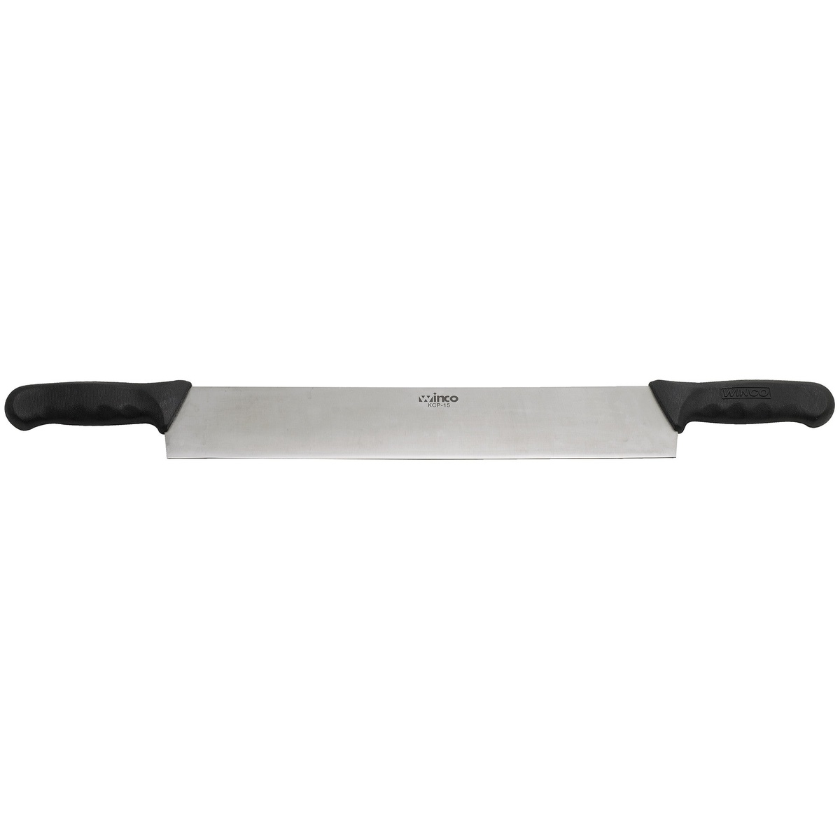 Winco KCP-15 15-inch double handle stainless steel cheese knife with black polypropylene handles on both ends