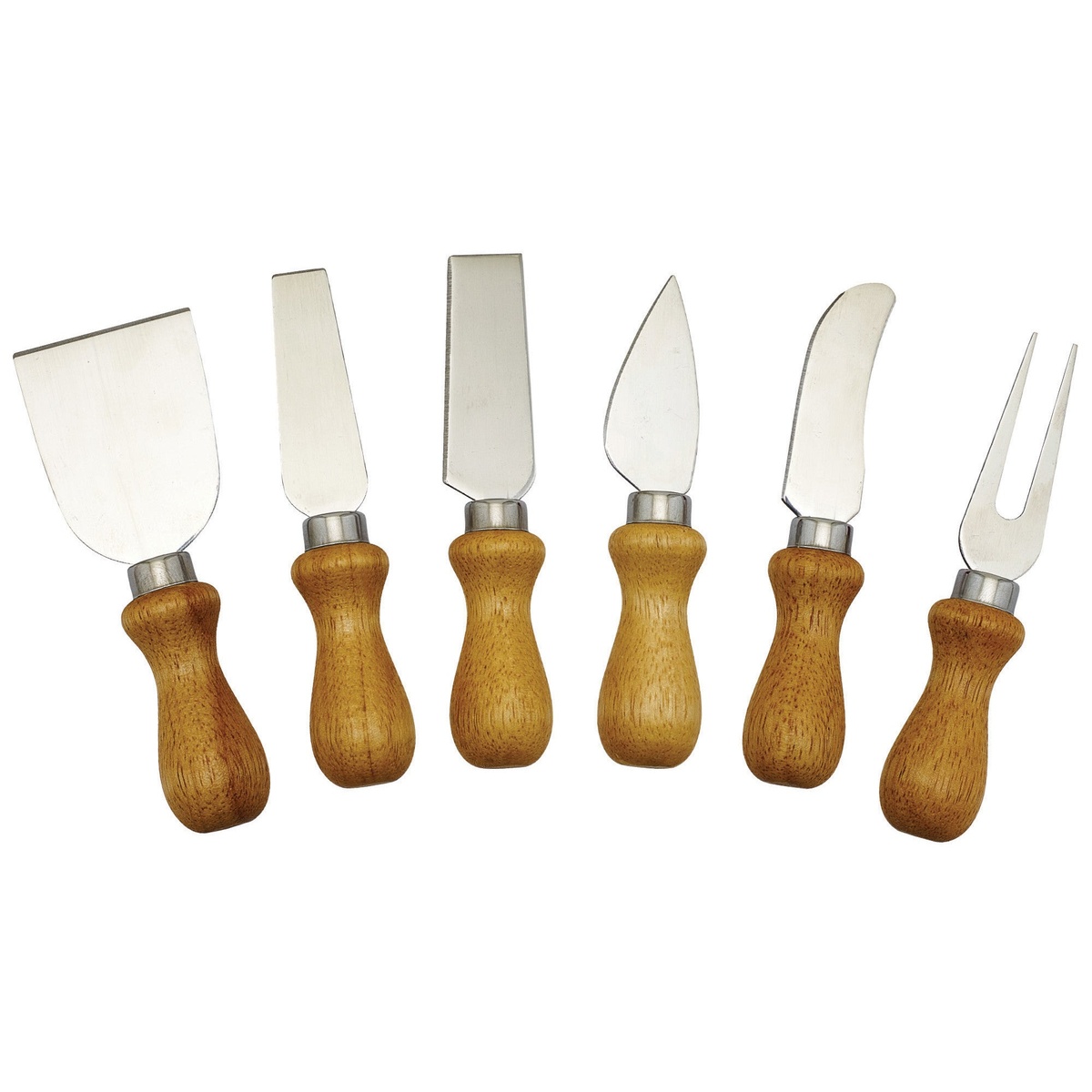 Winco KCS-6W 6-piece cheese knife set with wooden handles and stainless steel blades displayed in a row