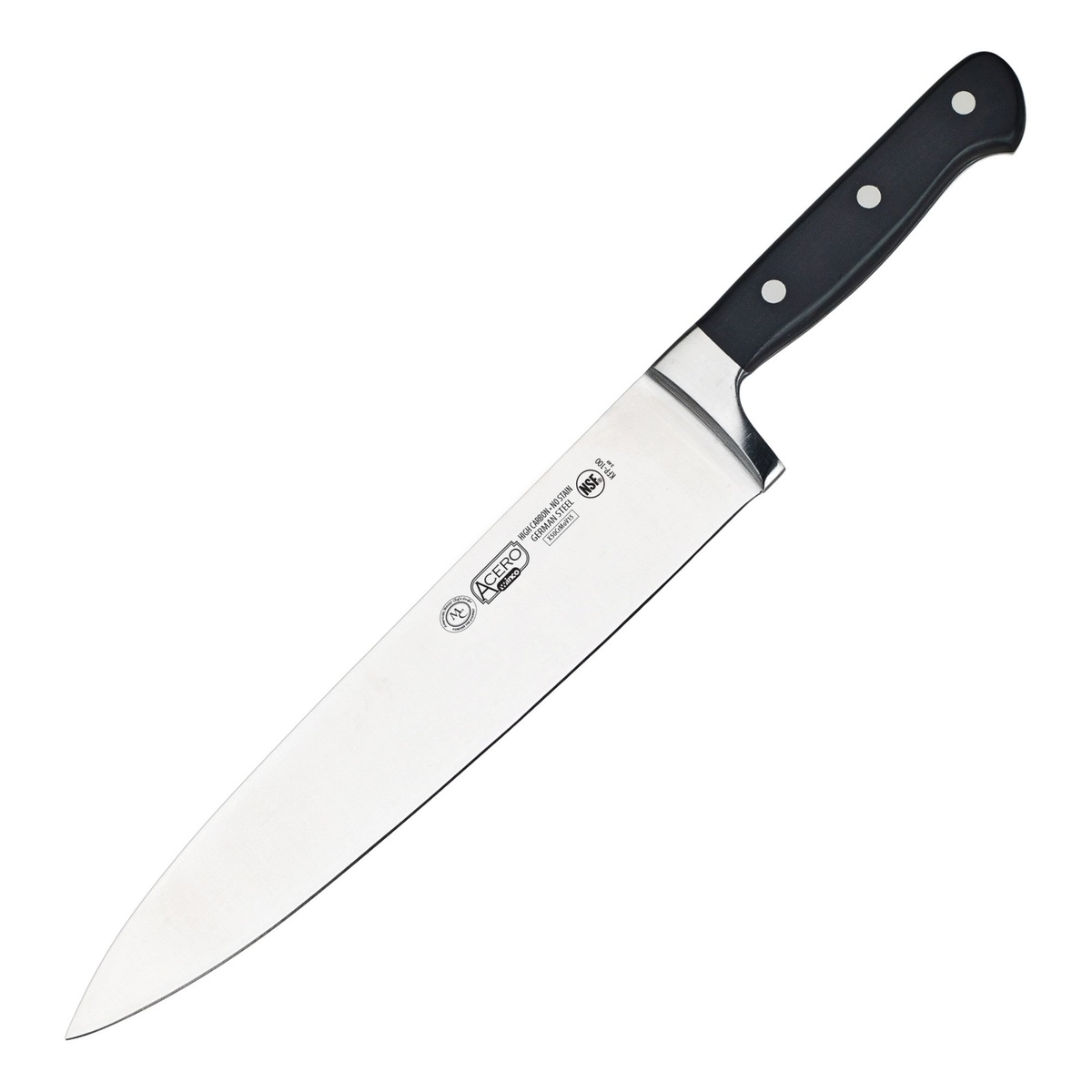 Winco KFP-100 Acero 10-inch chef's knife with high carbon German steel blade, thick bolster, and black POM handle with three rivets