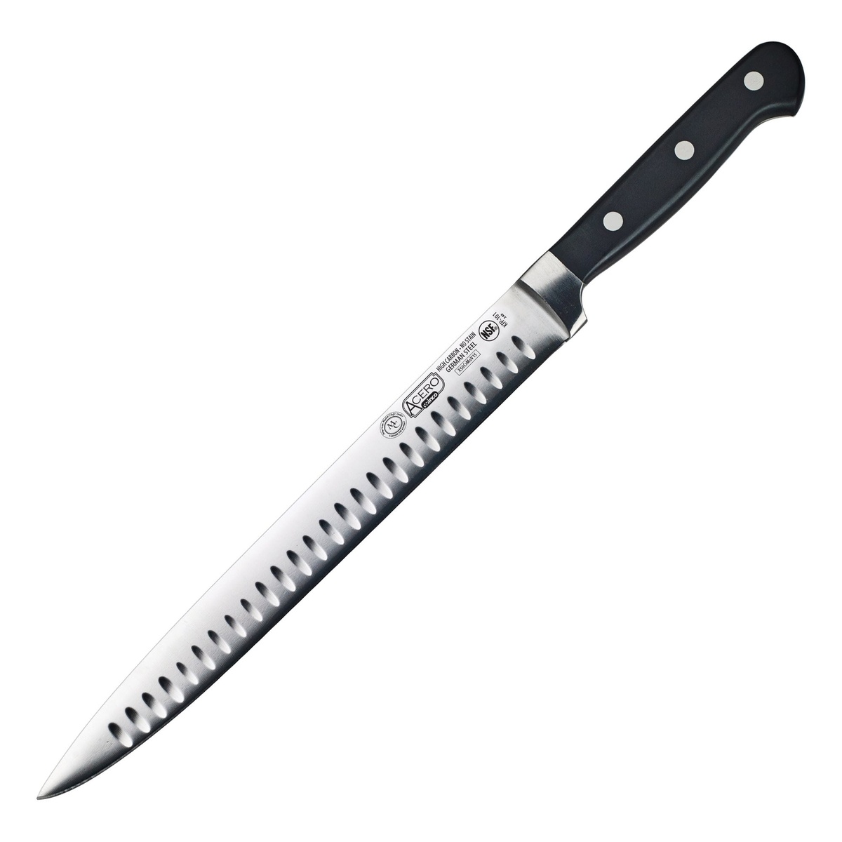 Winco KFP-101 Acero 10-inch Granton Edge Slicer with black POM handle and triple rivets on white background