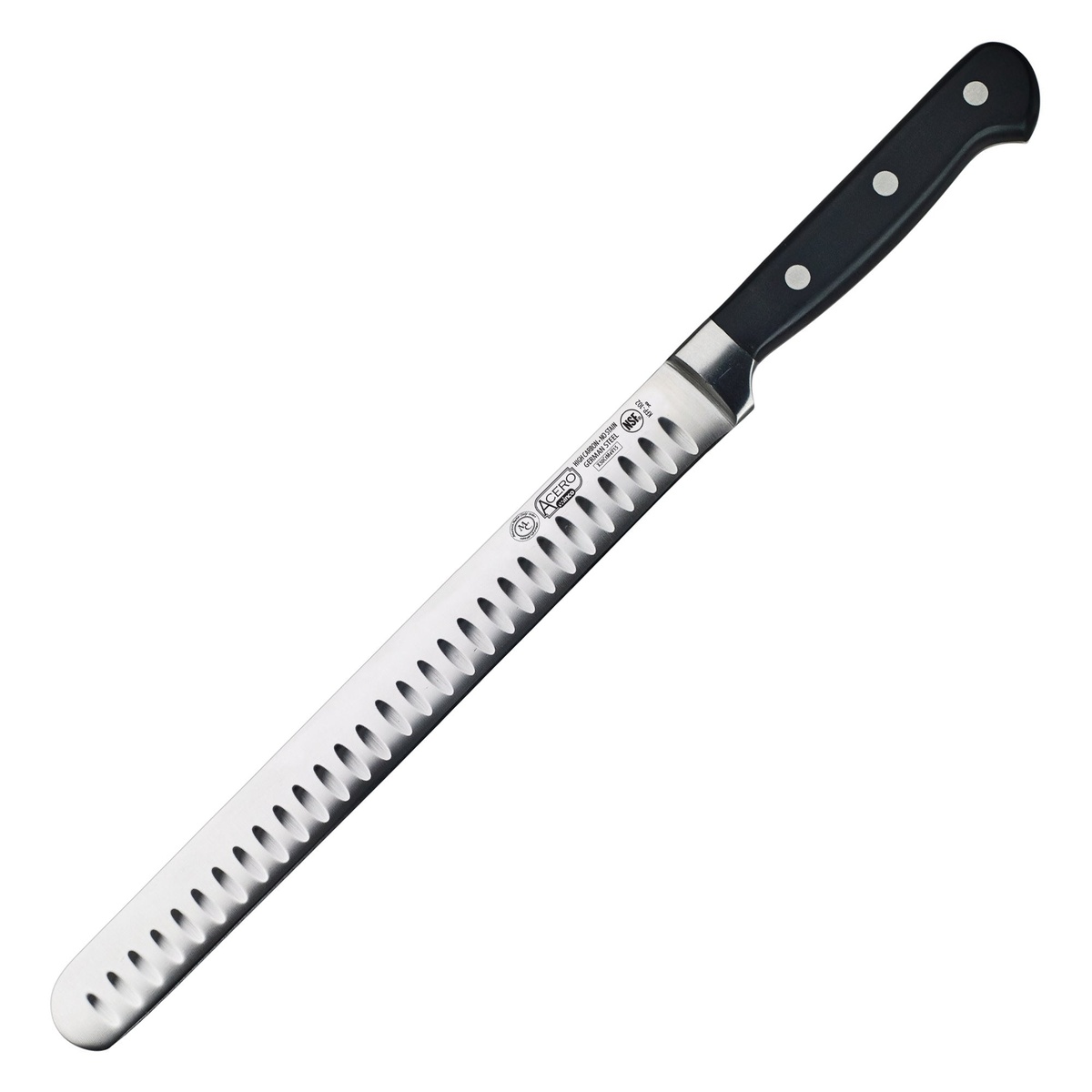 Winco Acero KFP-102 10-inch fish and roast slicer with Granton edge and black POM handle