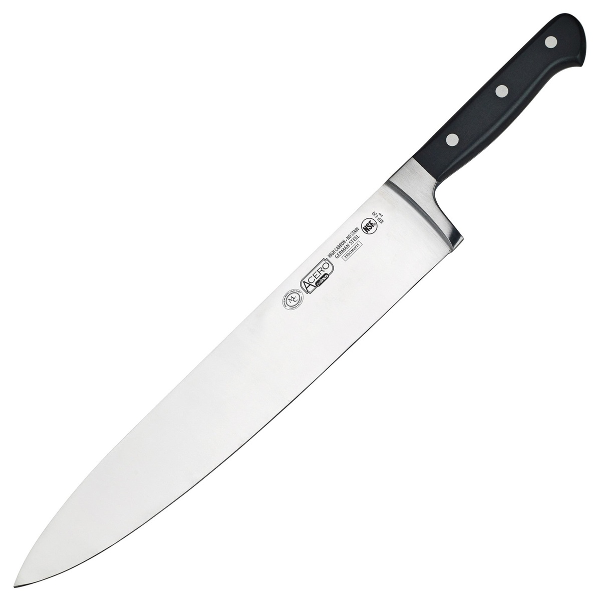 Winco KFP-120 Acero 12-inch chef knife with high-carbon German steel blade and black POM handle showing triple rivets and NSF marking