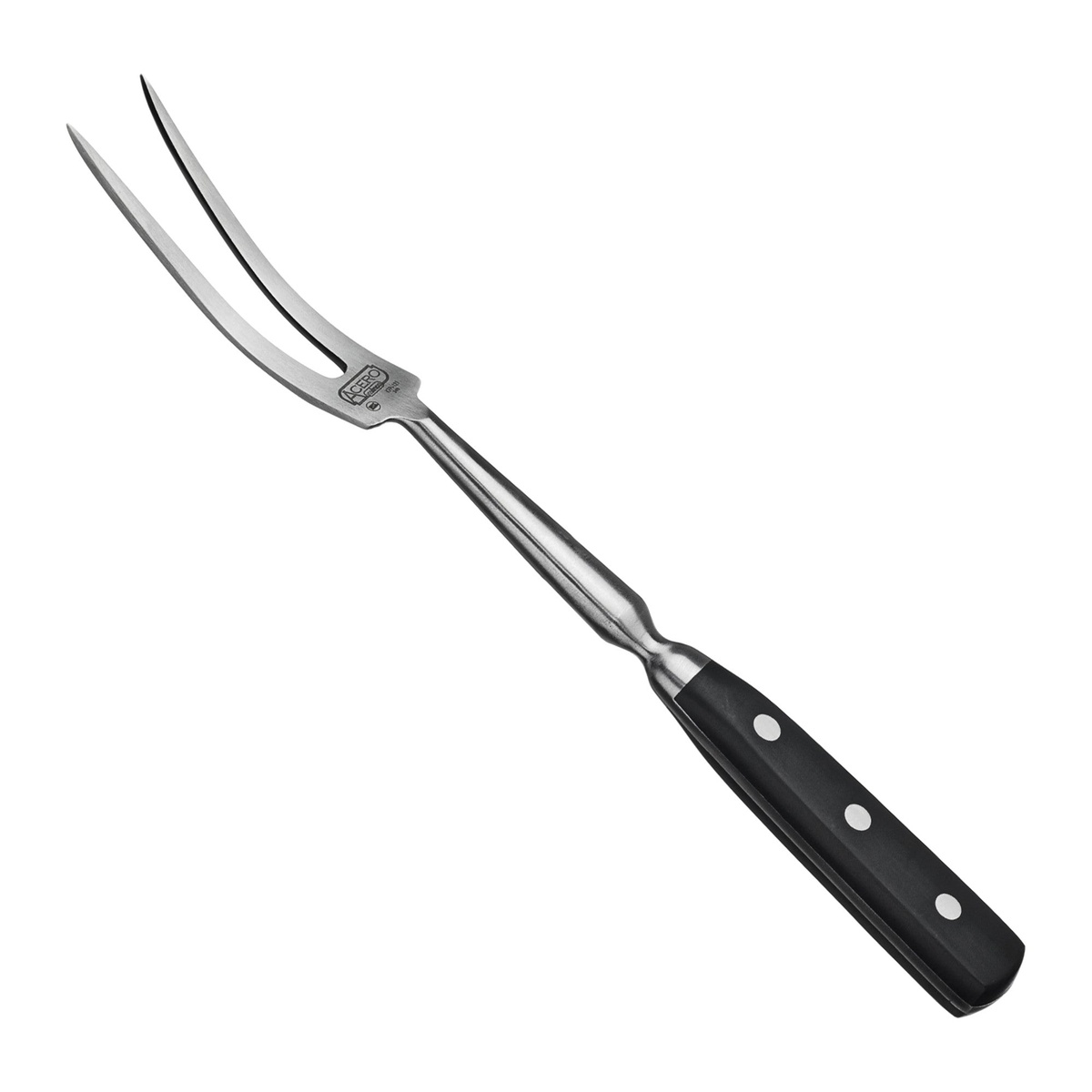 Winco KFP-121 Acero 12-inch carving fork with curved stainless steel tines and black POM handle