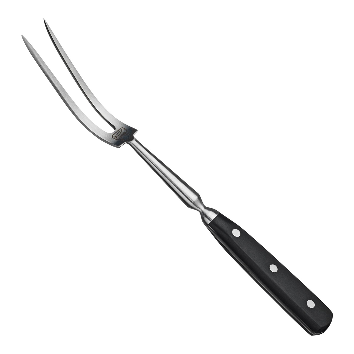 Winco KFP-140 Acero 14-inch curved carving fork with black POM handle and stainless steel tines