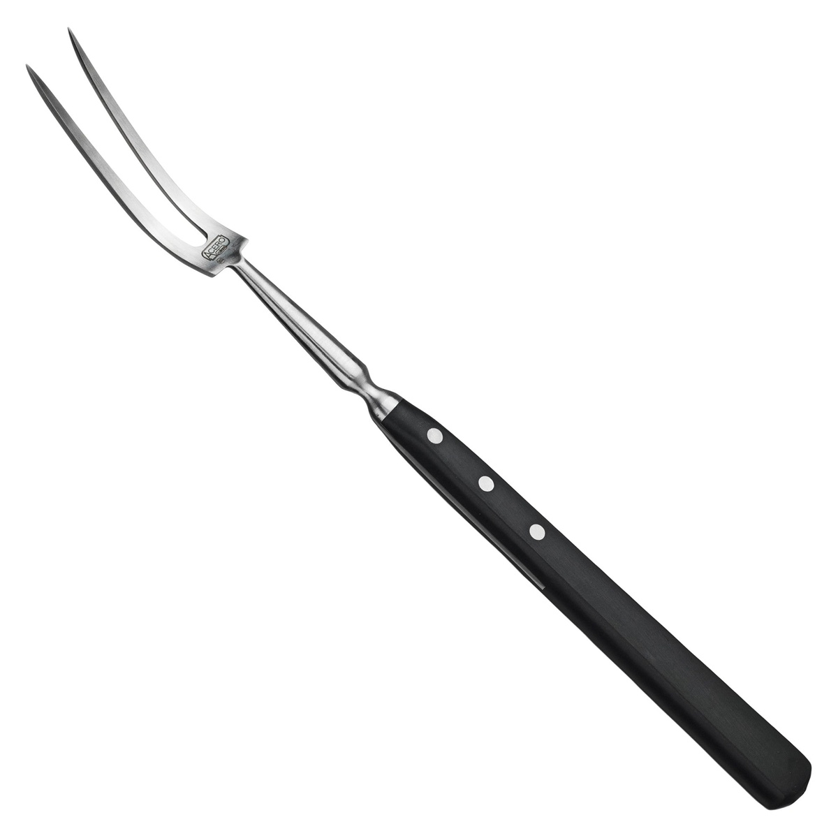 Winco KFP-180 Acero 18-inch carving fork with curved stainless steel tines and black triple-riveted POM handle