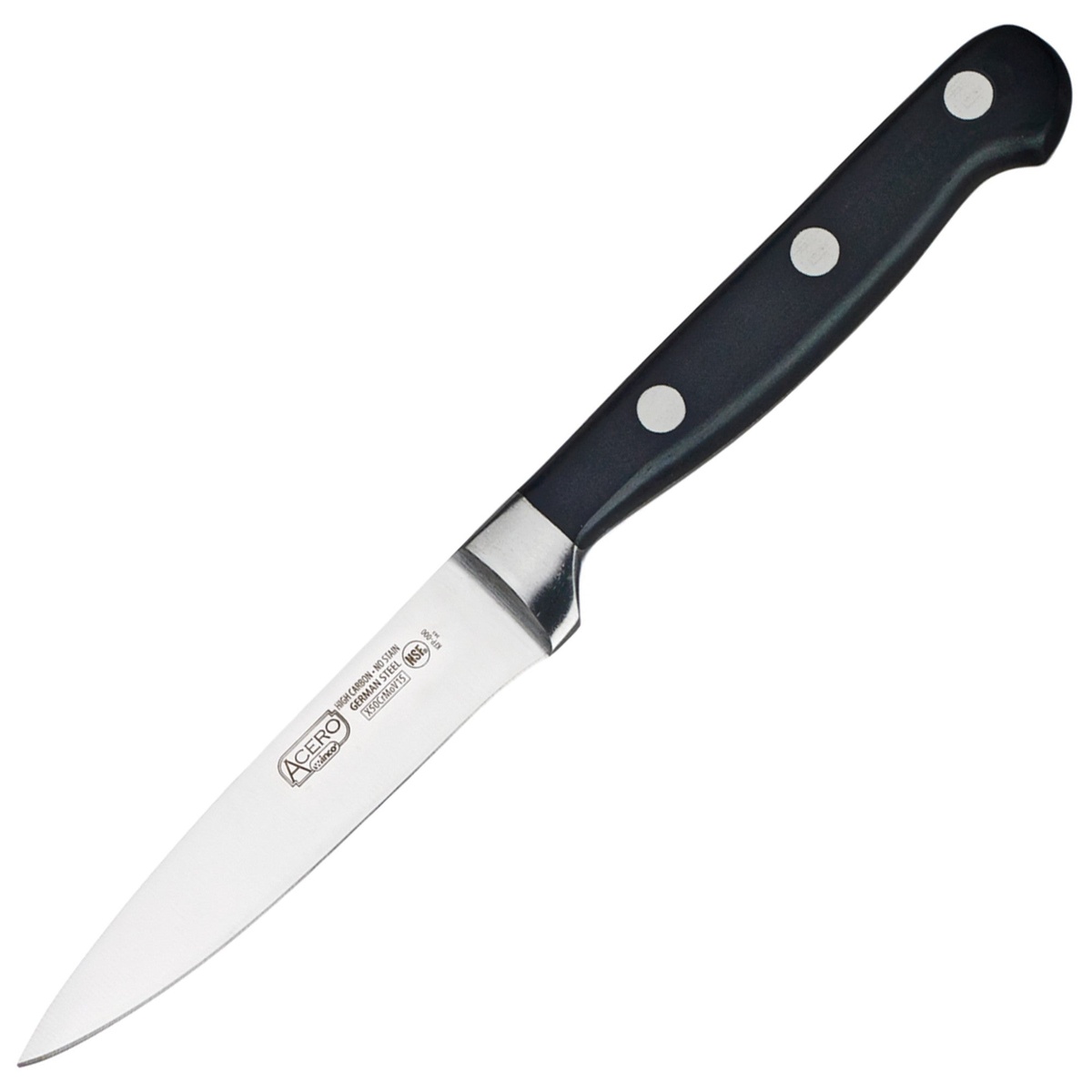 Winco KFP-35 Acero 3-1/2 inch paring knife with black POM handle and stainless steel blade on white background