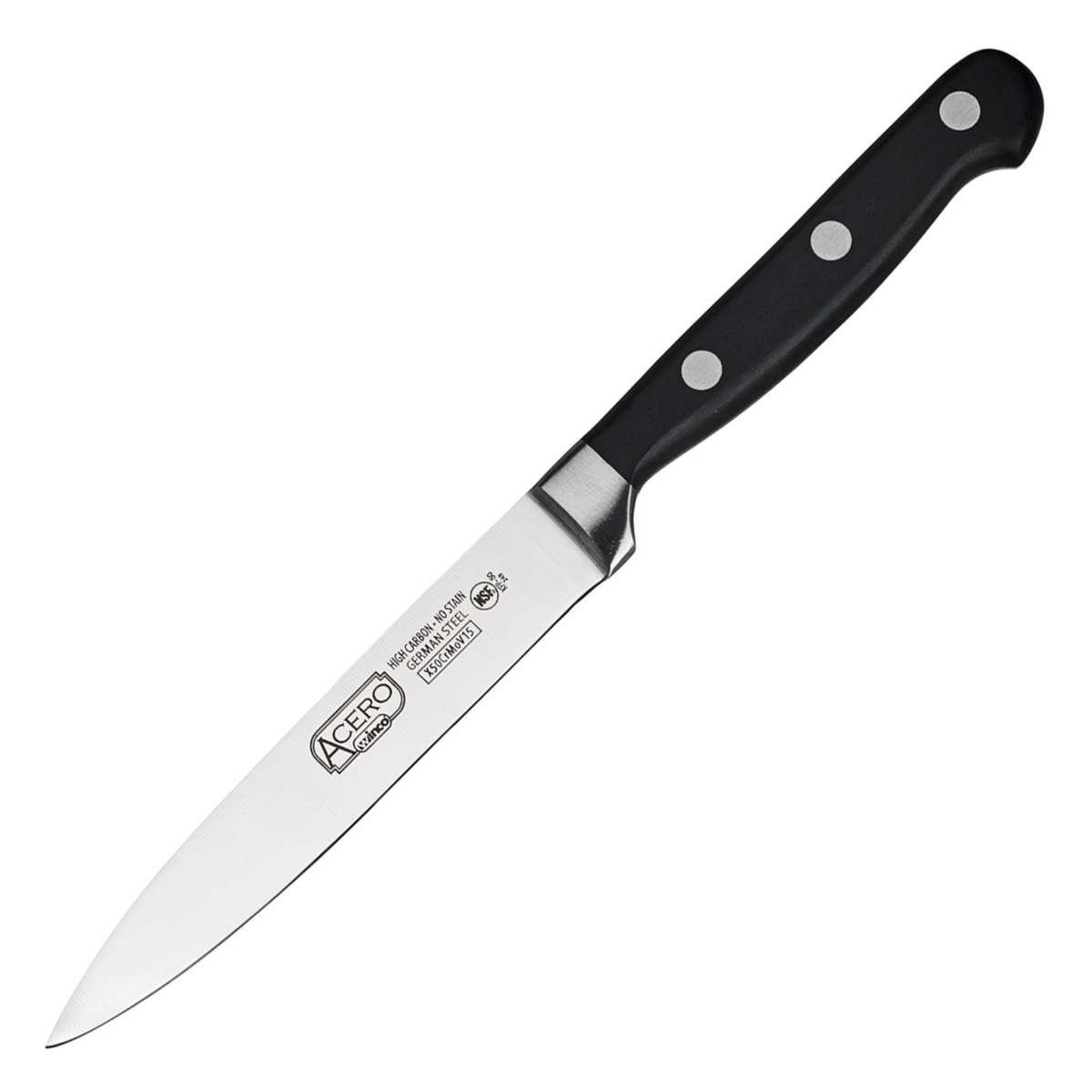Winco KFP-50 Acero 5-inch utility knife with forged stainless steel blade and black POM handle